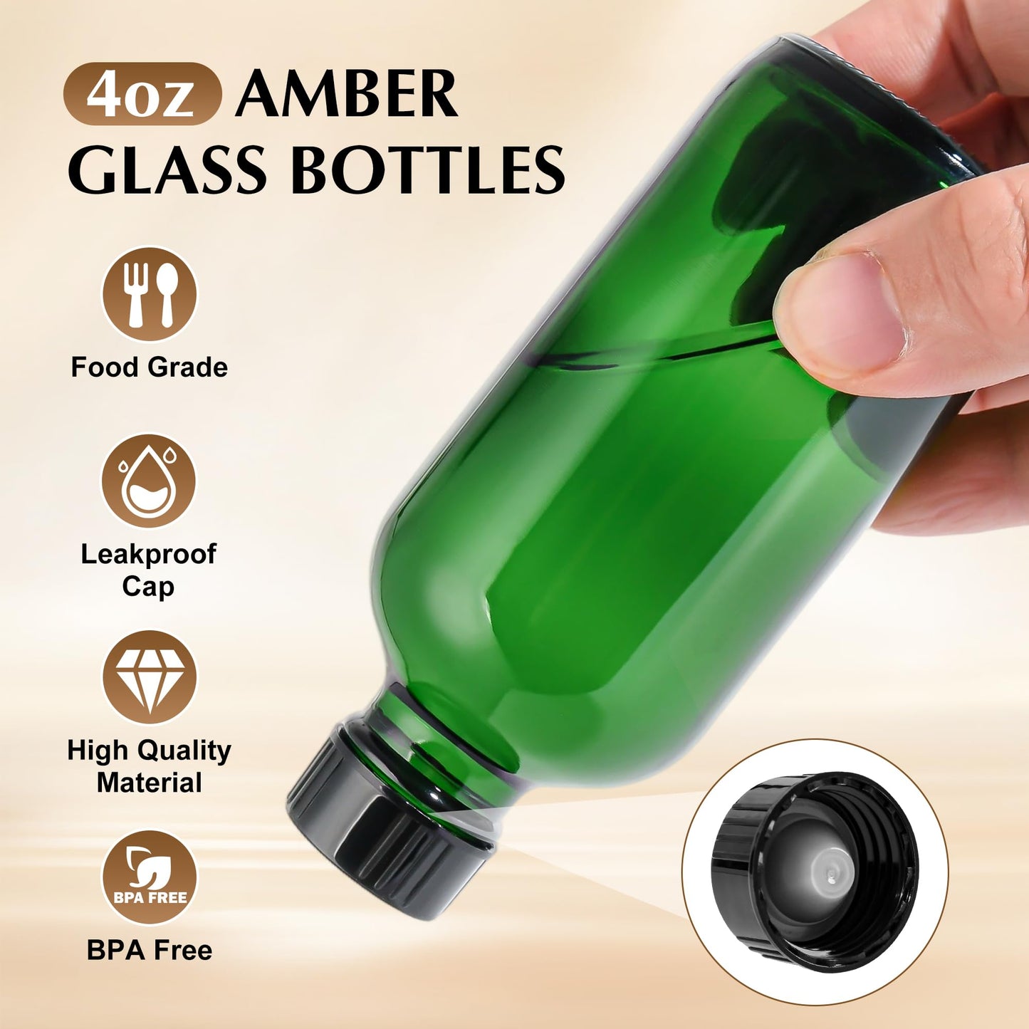 Exlvanto Small Glass Bottles with Lids Boston Round Shot Bottles for Health, Immunity, Ginger Juice, Essential Oils, Potion - Leak Proof Mini Travel Containers (Green UV, 4oz-12Pack)