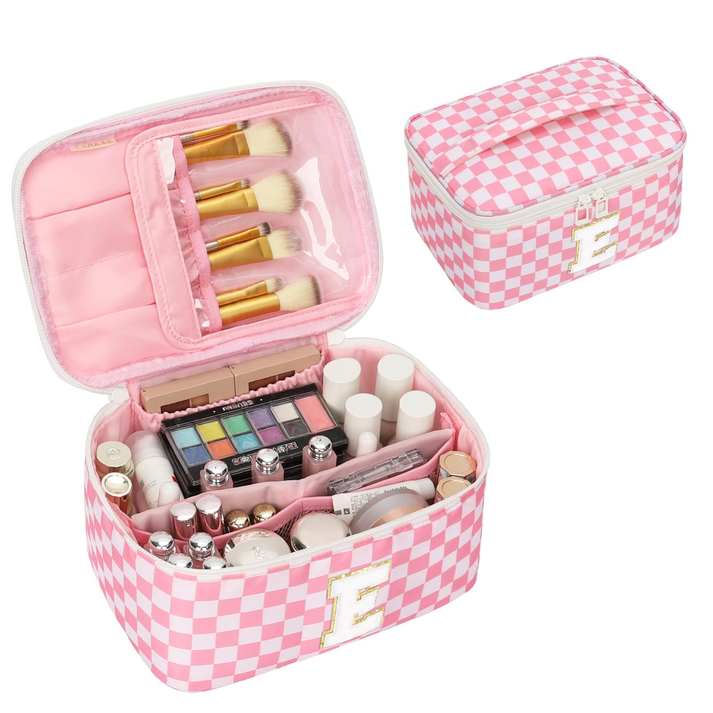 OCHEAL Makeup Bag for Women, Monogram Cosmetic Bag Pink Travel Makeup Case Beauty Toiletry Bag Organizer Personalized Gifts for Girls Bridesmaid, Sister, Wife, Friends Initial E