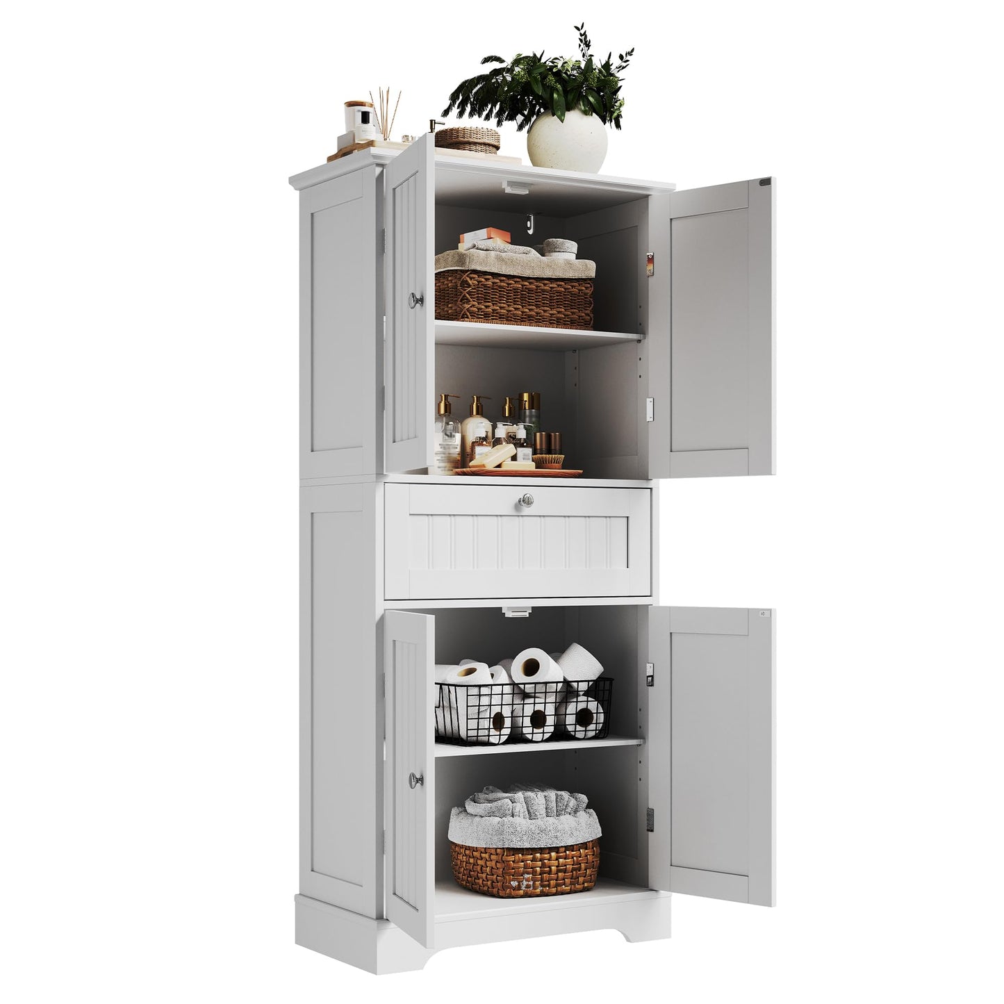 ChooChoo 51" H Tall Bathroom Floor Cabinet, Modern Bathroom Storage Cabinet with Drawer and Adjustable Shelves, Freestanding Kitchen Pantry Cupboard with 4 Doors for Living Room, White