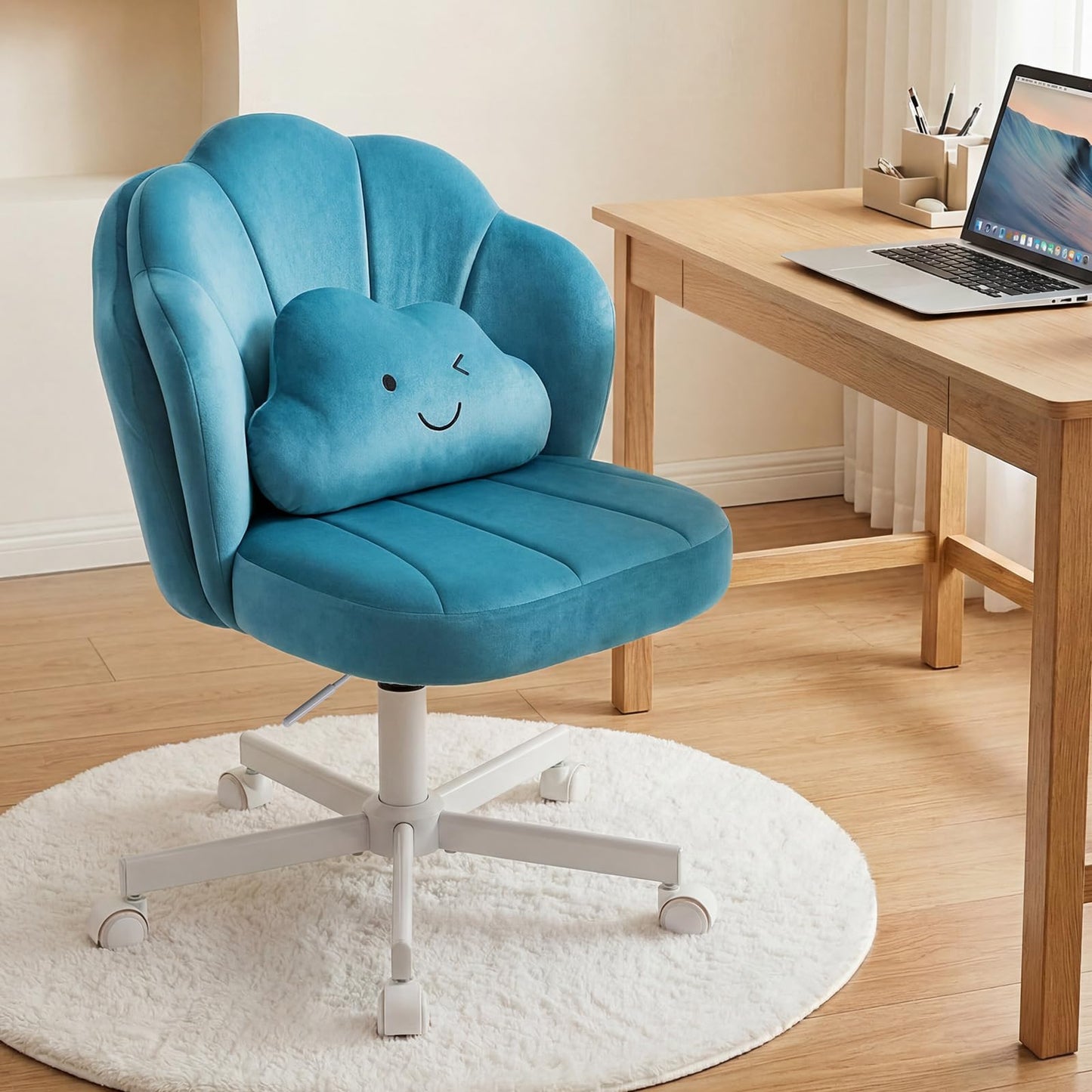 COMHOMA Petal Vanity Chair with Wheels, Cute Desk Chair for Girls Women, Upholstered Home Office Chair with Backrest, Height Adjustable Armless Swivel Chair for Bedroom, Velvet, Blue