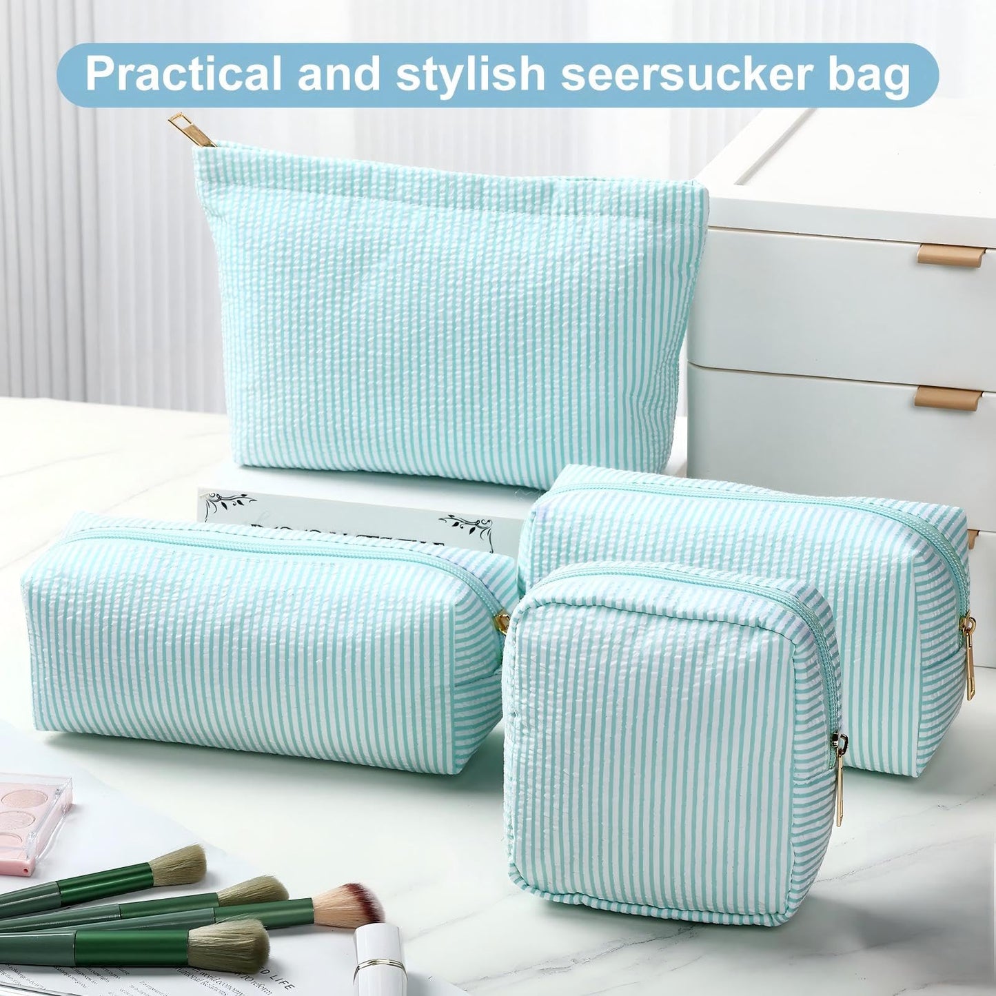 Sanwuta 4 Pcs Seersucker Pouch Cosmetic Bag Set Seersucker Makeup Bag Women Stripe Large Travel Toiletry Organizer Aesthetic Preppy Storage for Embroidery Women Bridesmaid Gifts(Light Blue)