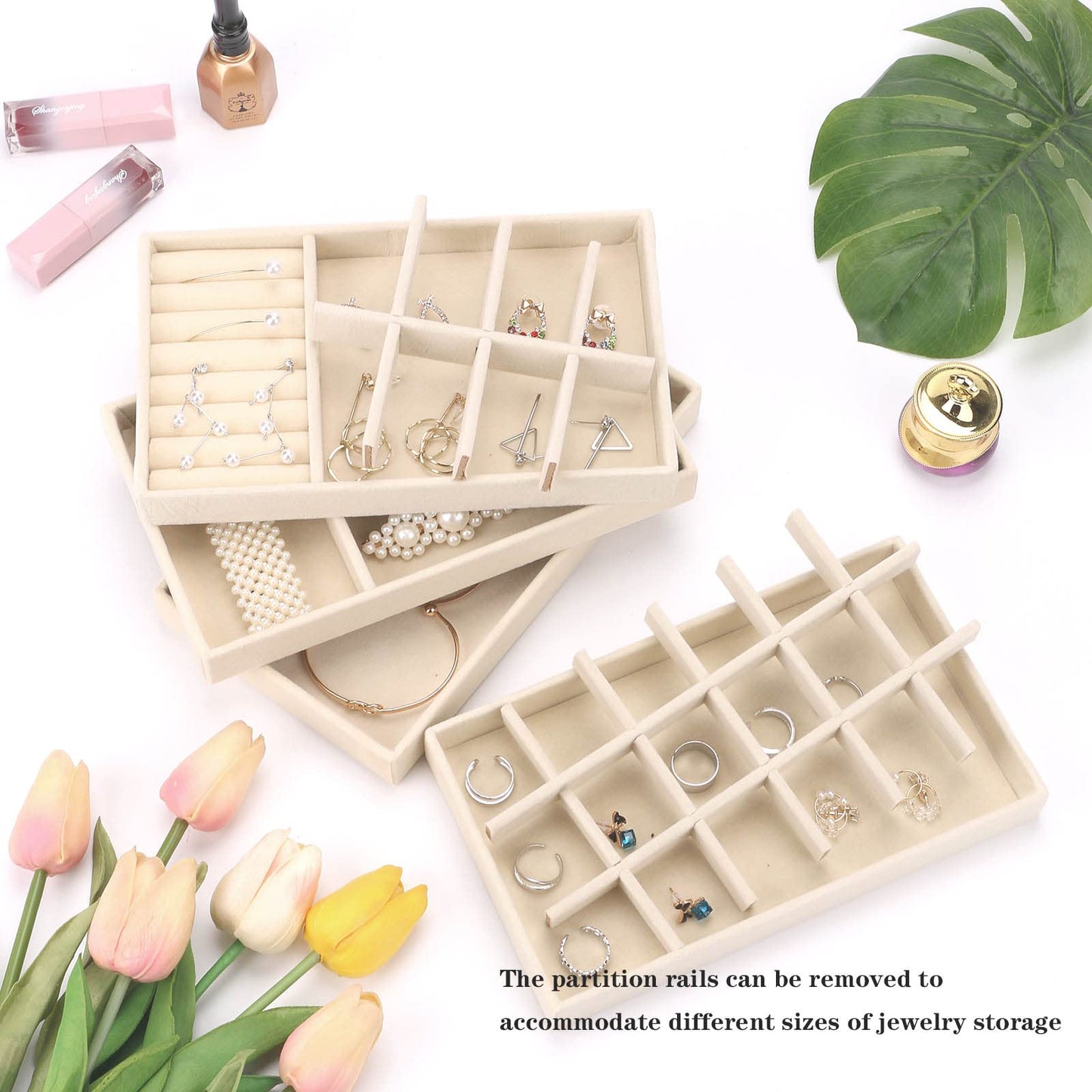 AIRZSNRY Velvet Jewelry Organizer for Drawer, Stackable Jewelry Drawer Inserts in Dresser, 8in Beige Storage Display Case for Rings Stud Necklaces Accessories, Set of 4