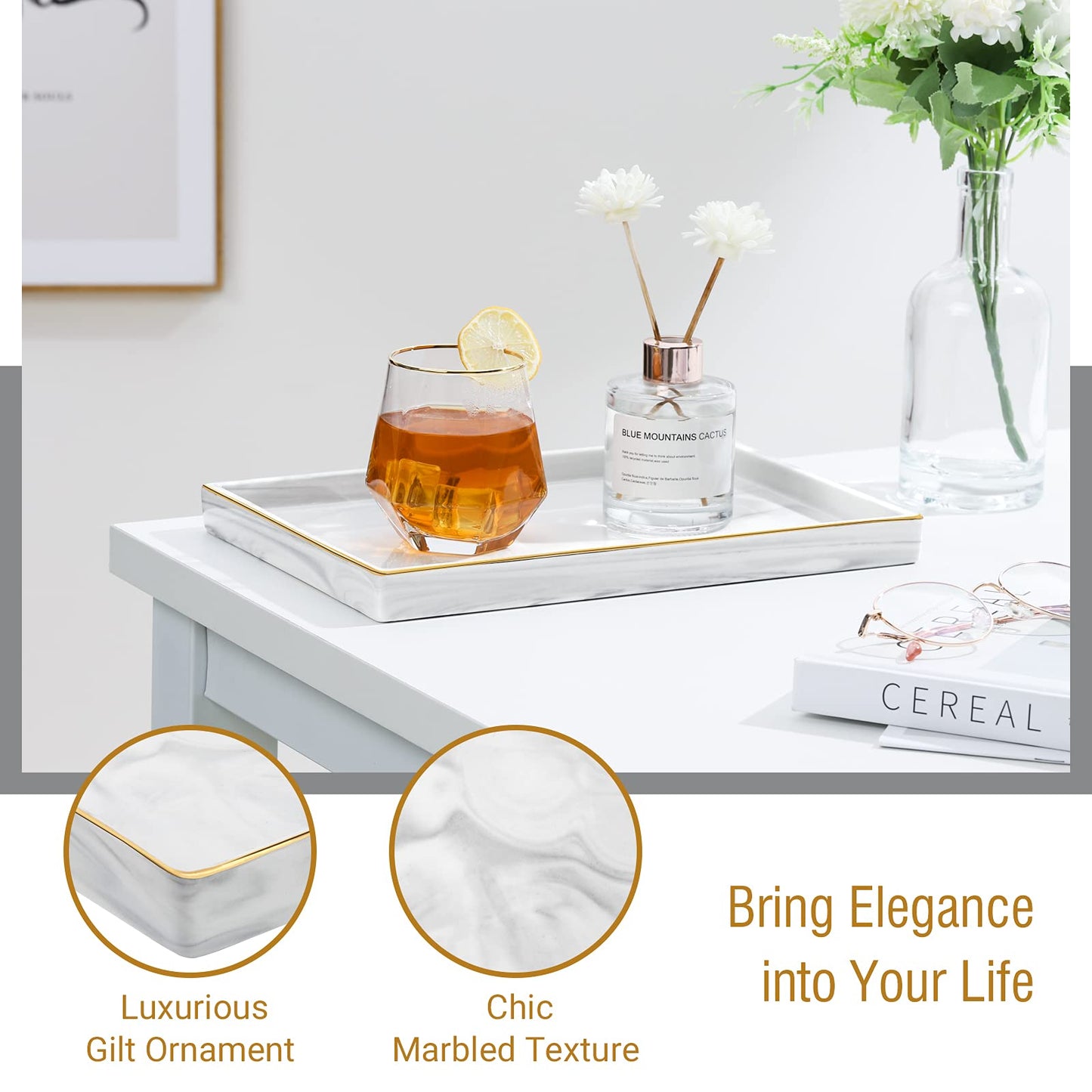 Shinowa Ceramic Vanity Tray, Bathroom Counter Tray Marble Finish Perfume Tray Rectangle Decorative Tray for Vanity Dresser Bathroom Countertop Living Room Kitchen, Large Size - Marble White