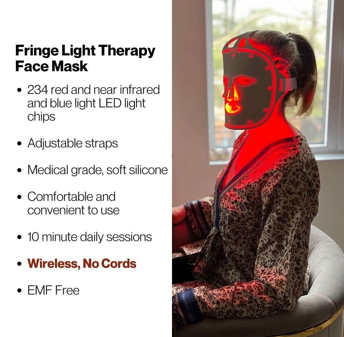 Fringe Red Face Mask, Both Red 660nm and Infrared 850nm for Rejuvenation & Blue 415nm for Blemishes, Beauty Mask, for Fine Lines and Wrinkles, 234 LED Lights