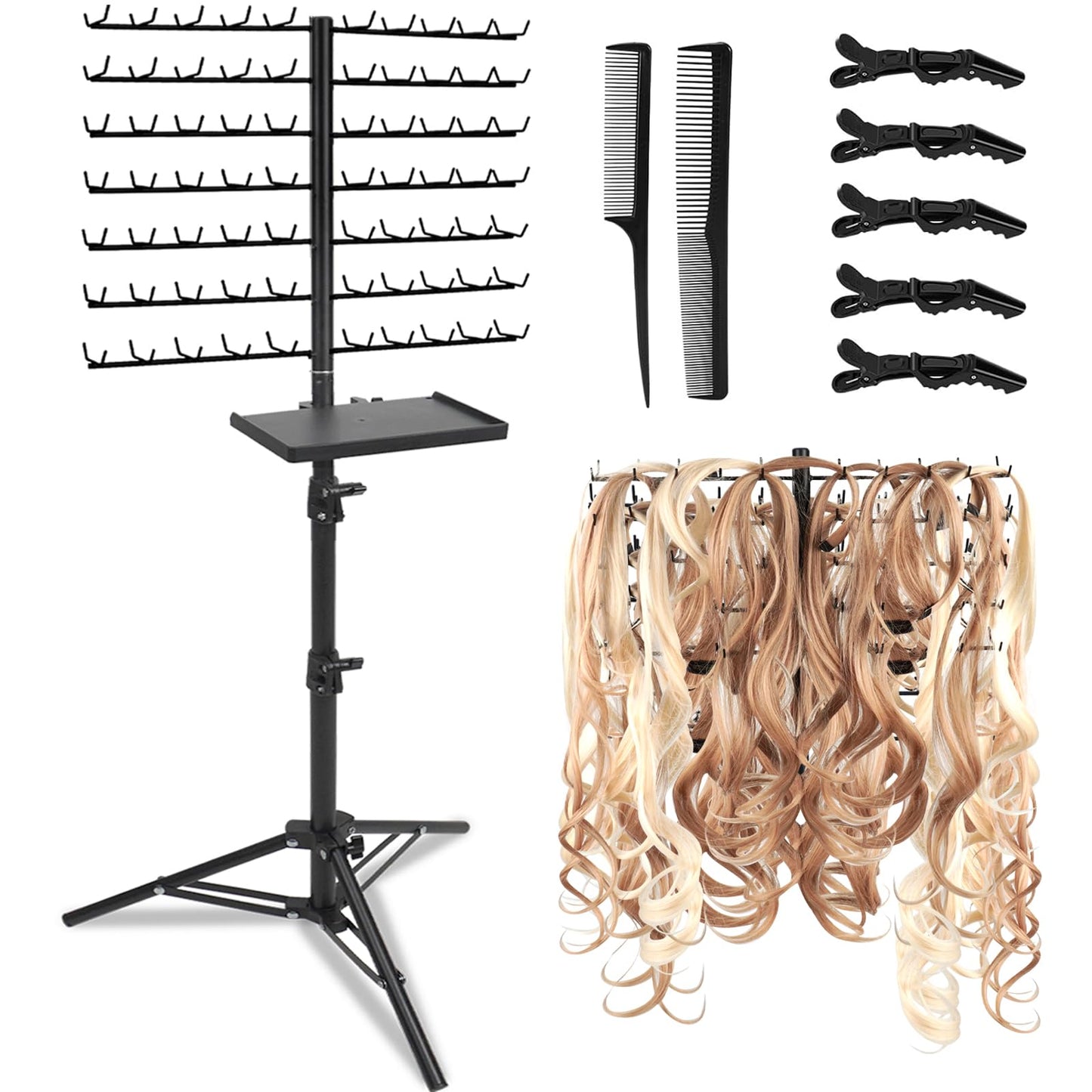 BRIAN & DANY 140-Peg Braiding Hair Rack Standing, Height Adjustable Hair Extension Holder with Salon Tray, Hair Separator Stand for Hairstylist Braiders, Black