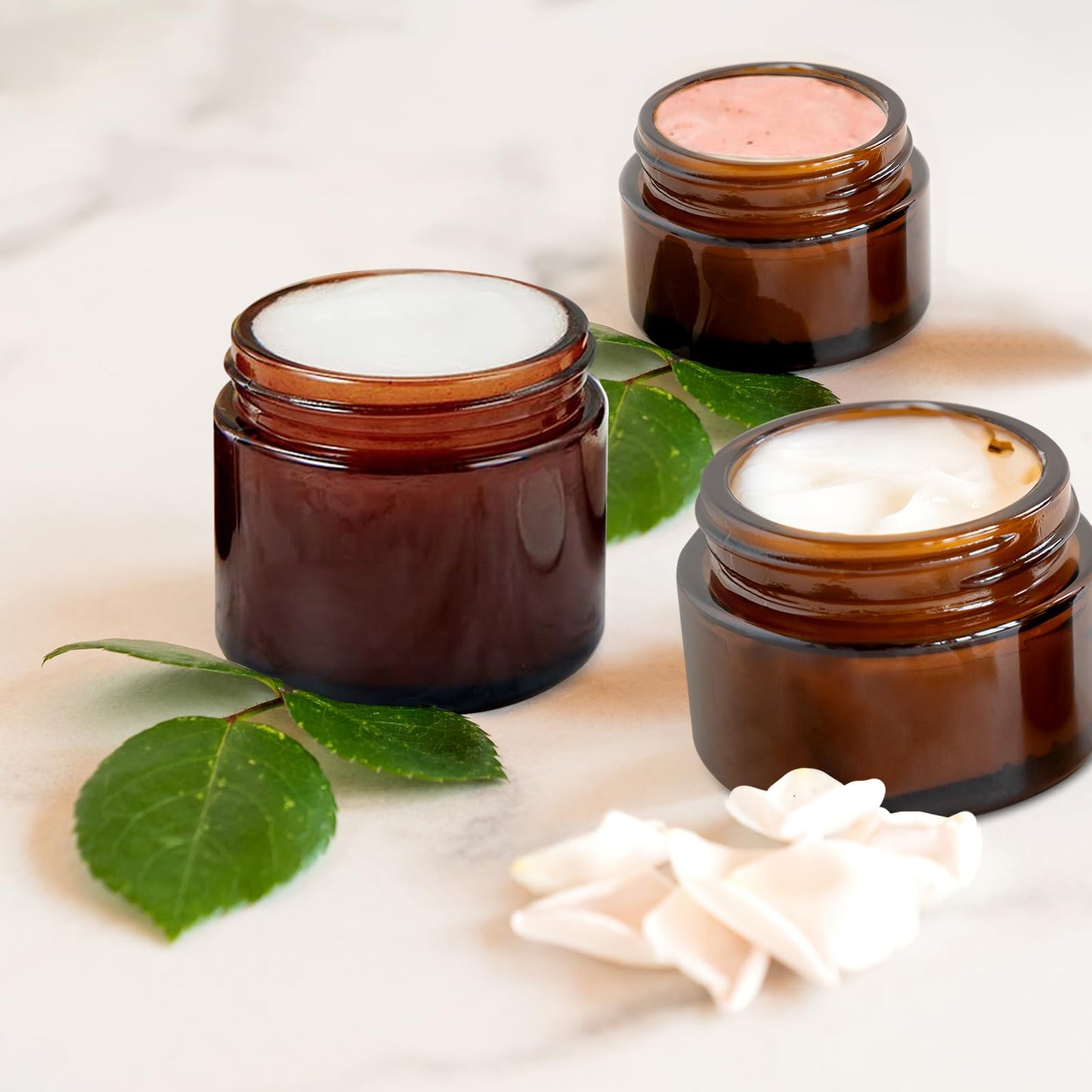 IRON BILL 1 Oz Amber Round Glass Jars with Inner Liners and Black Lids(12PCS) Empty Cream Containers Refillable Cosmetic Vials for Cosmetics, Lotions, Ointment, Body Scrubs & Balms