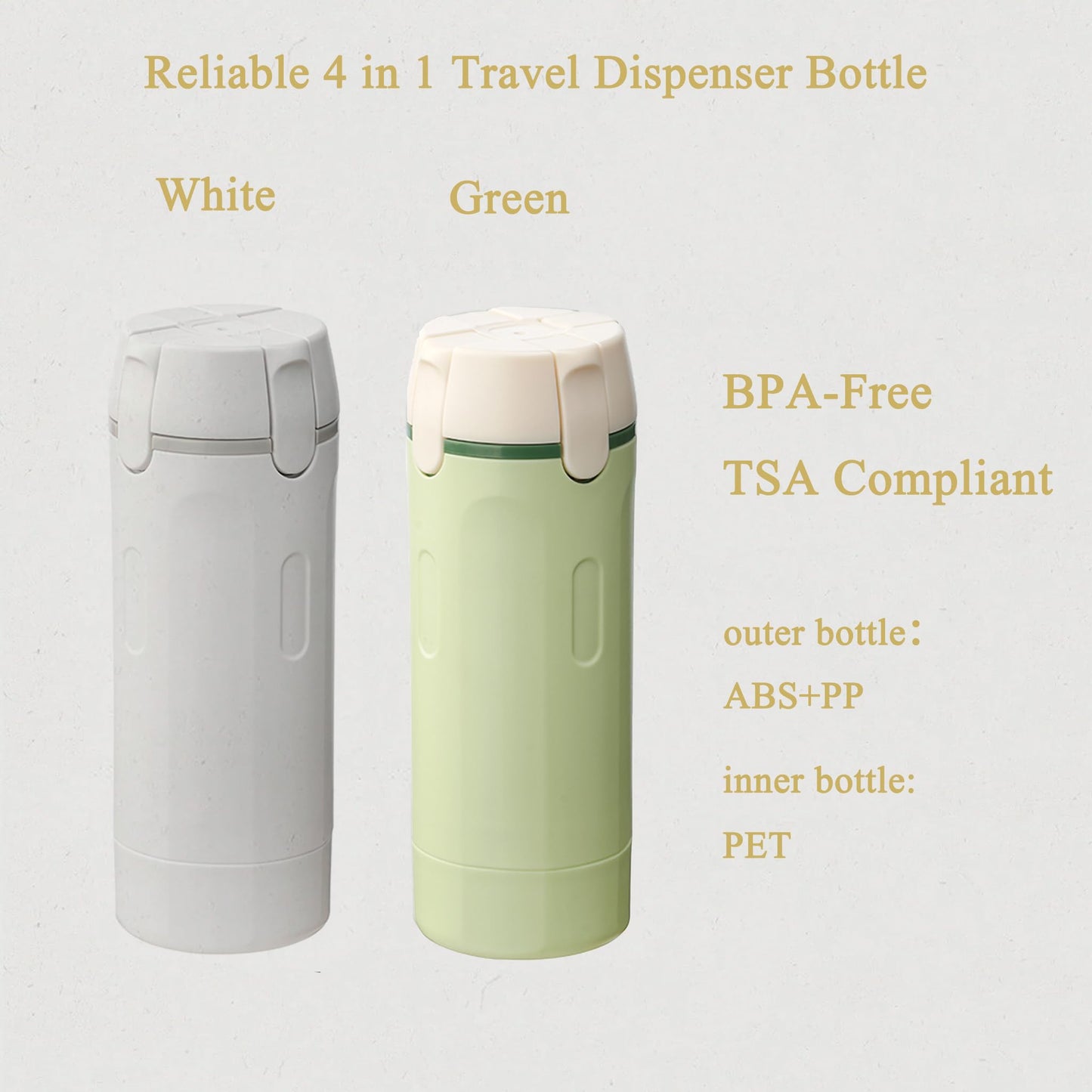 PIQOLA 4 in 1 Travel Dispenser Bottle, Leak Proof Refillable Travel Toiletry Containers for Shampoo Lotion Liquid, TSA Approved Travel Bottles Set for Business Trip Camping, 4 x 30ml, White