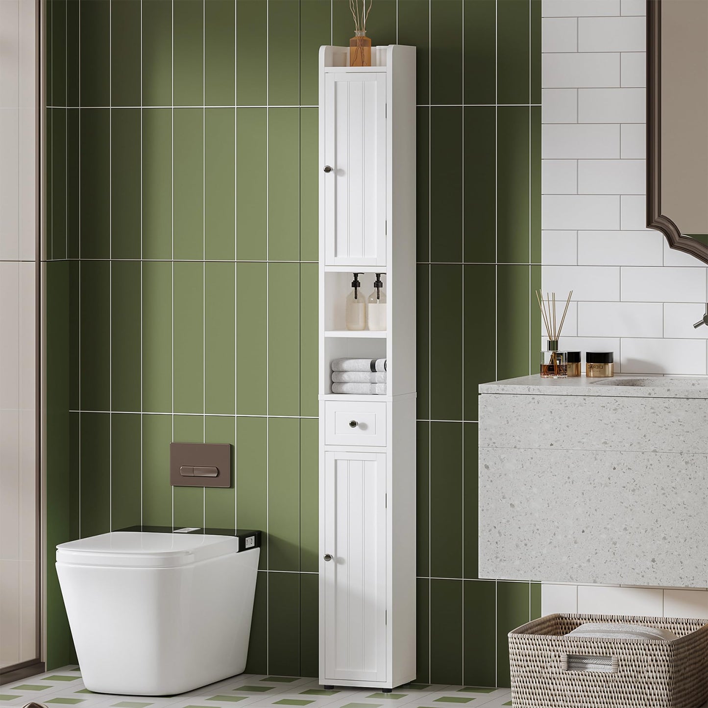 ChooChoo Narrow Bathroom Storage Cabinet with Adjustable Shelves, Tall Storage Cabinet with 2 Doors and 1 Drawer, Freestanding Cupboard for Small Spaces, White