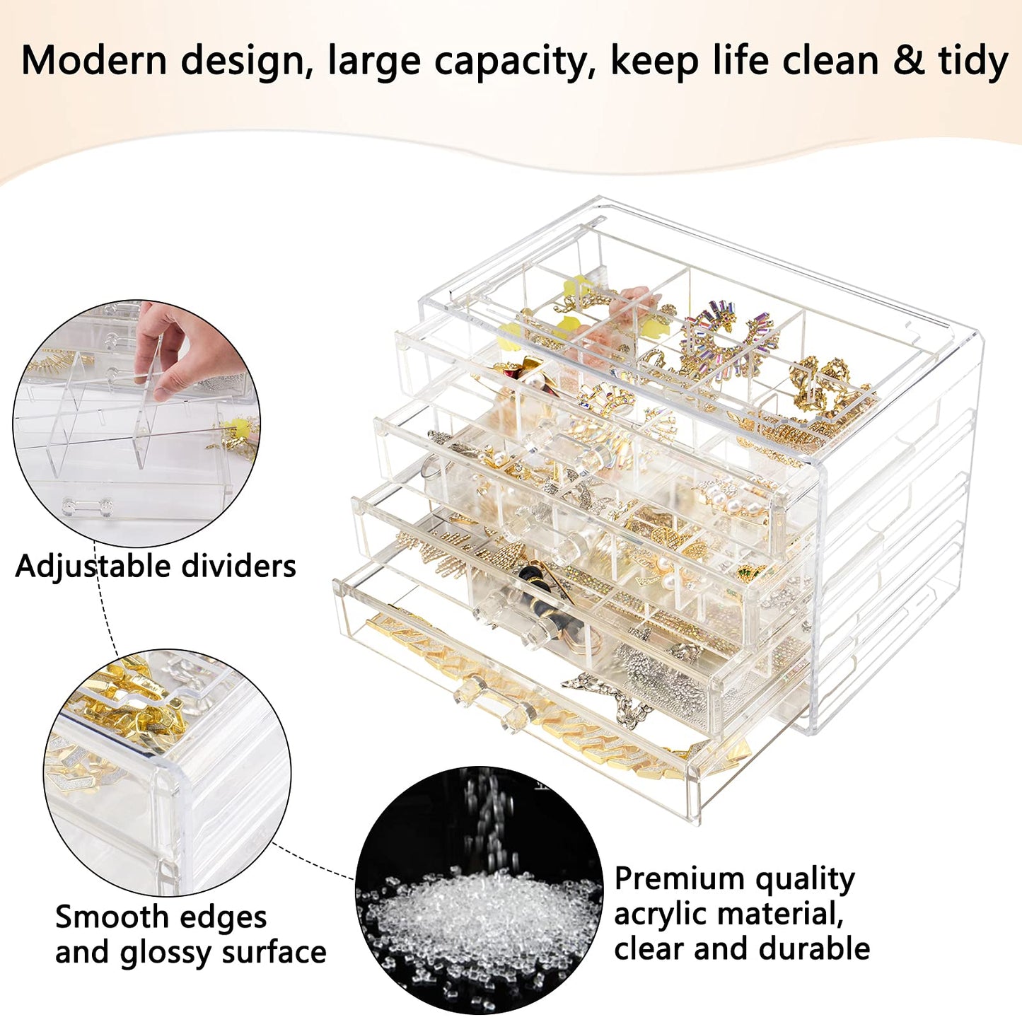 Weiai Clear Acrylic Jewelry Organizer Box 72 Adjustable Grids for Earrings Rings