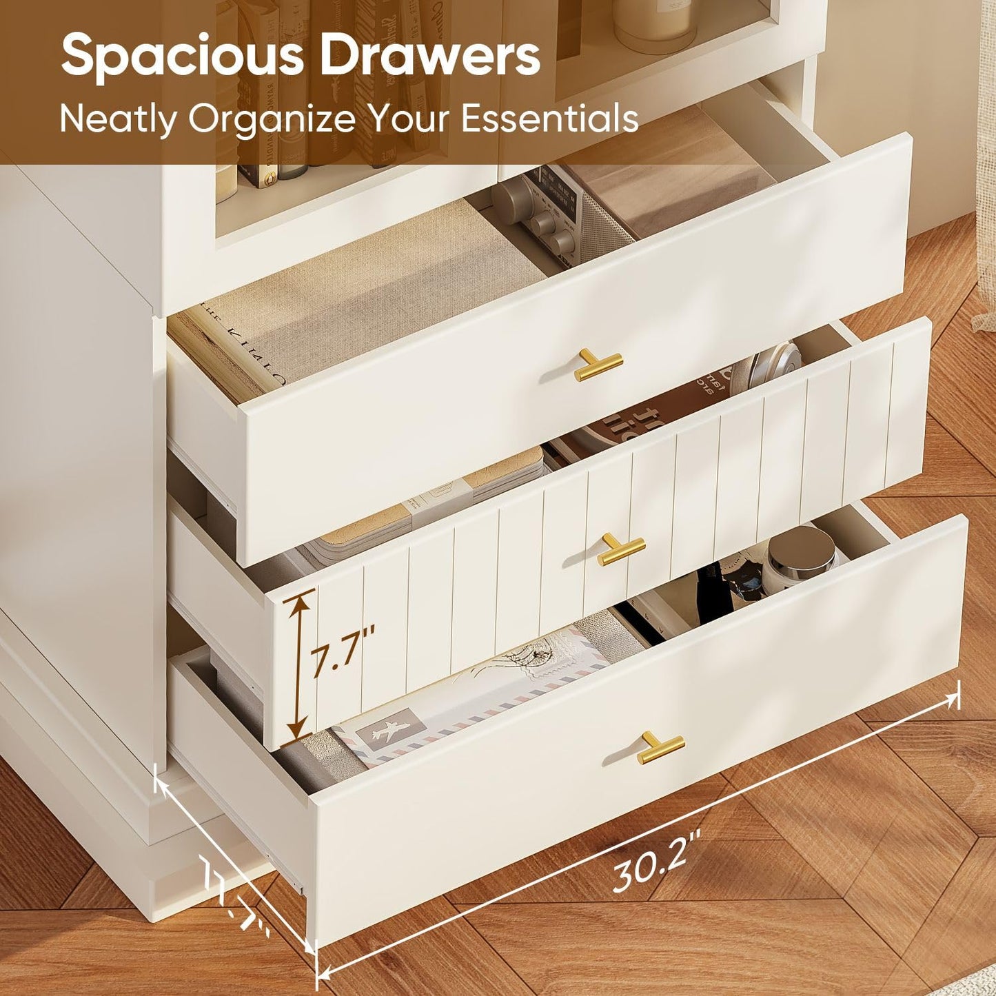 Vyre 71" Modern Tall Bookcase and Bookshelf, Triple Glass Door Display and Storage Cabinets with Drawers for Study or Home Office, White with Gold Handles, 2 of Set