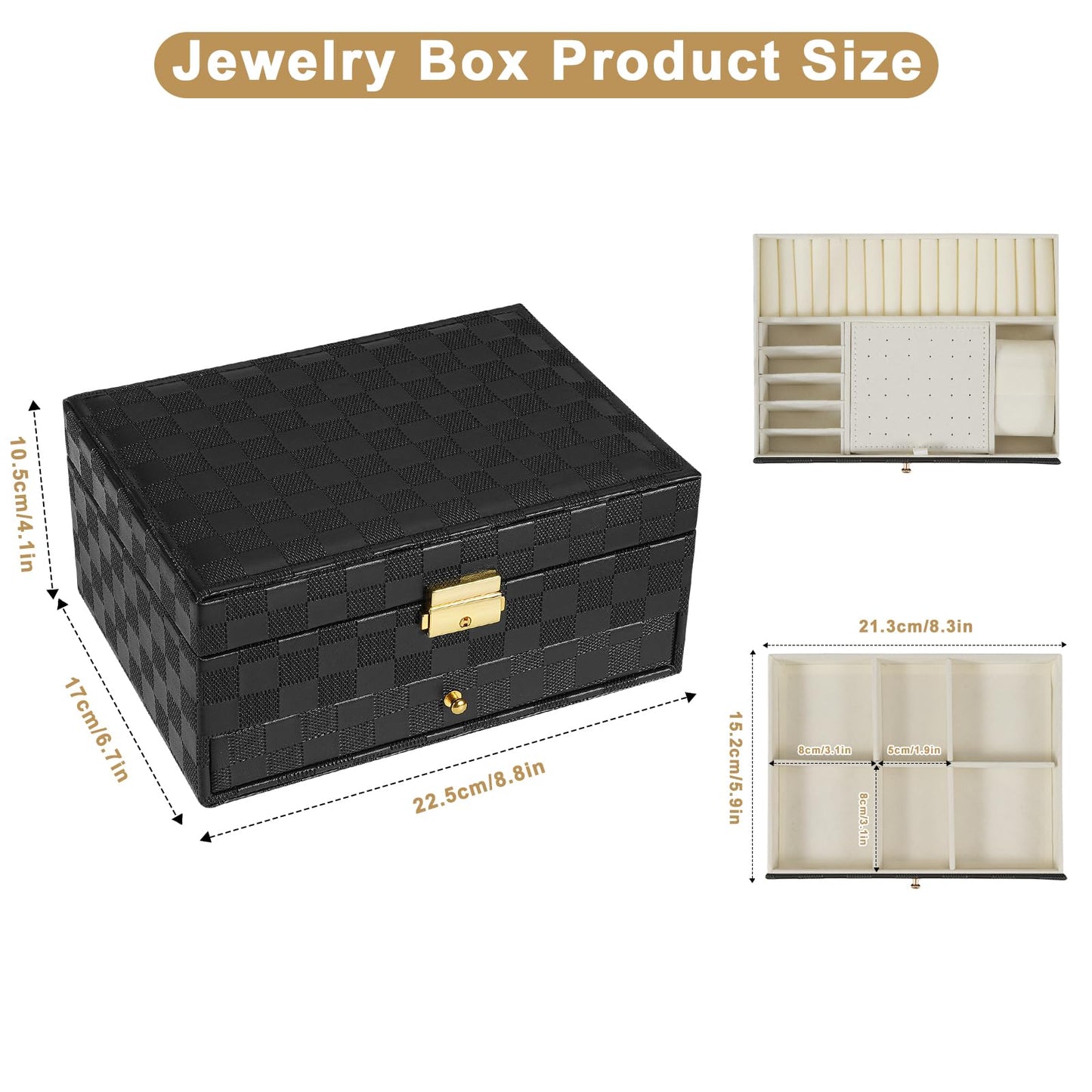 GUOER Jewelry Box for Women Girl Wife - Large PU Leather Jewelry Organizer Storage Case with Two Layers Display for Earrings Bracelets Rings Watches (Checkered Black)