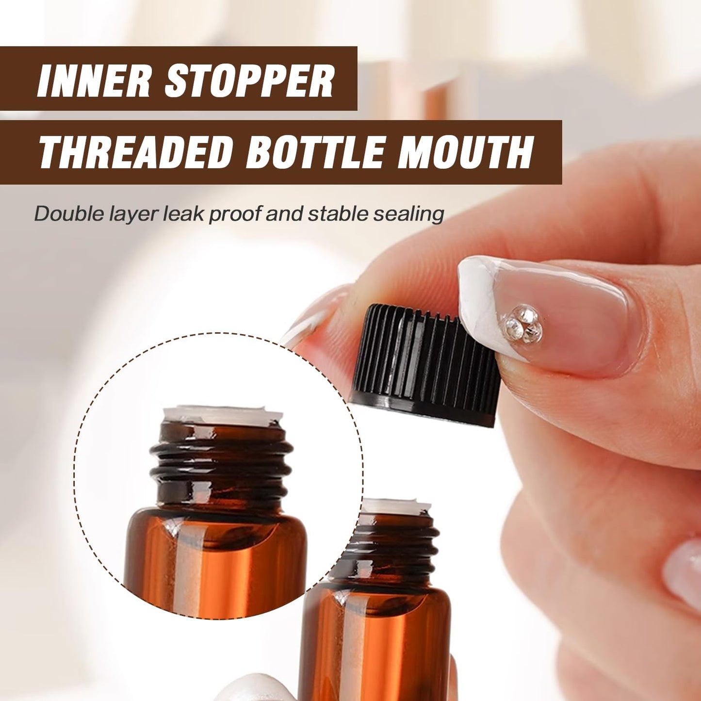 TOPWEL 100 Pack 1ml Amber Glass Mini Essential Oil Bottles Sample Vials with Orifice Reducer & Black Screw Cap, 1/4 Dram Empty Travel Bottle for Aromatherapy Perfume Anointing Oil