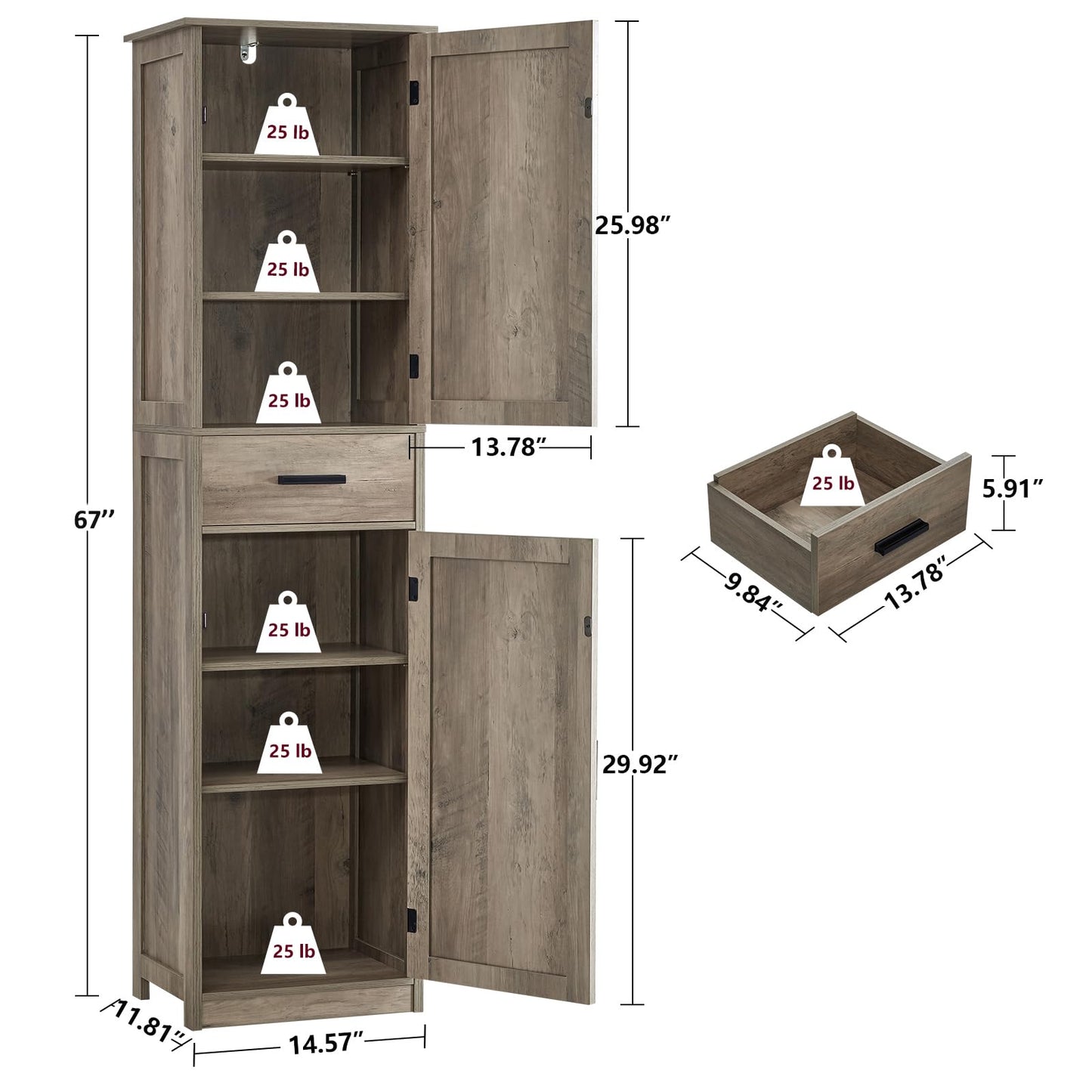 usikey 67'' Tall Storage Cabinet, Narrow Bathroom Floor Storage Cabinet with 4 Shelves & 2 Doors, for Bathroom, Living Room, Rustic Gray UNSNG040M