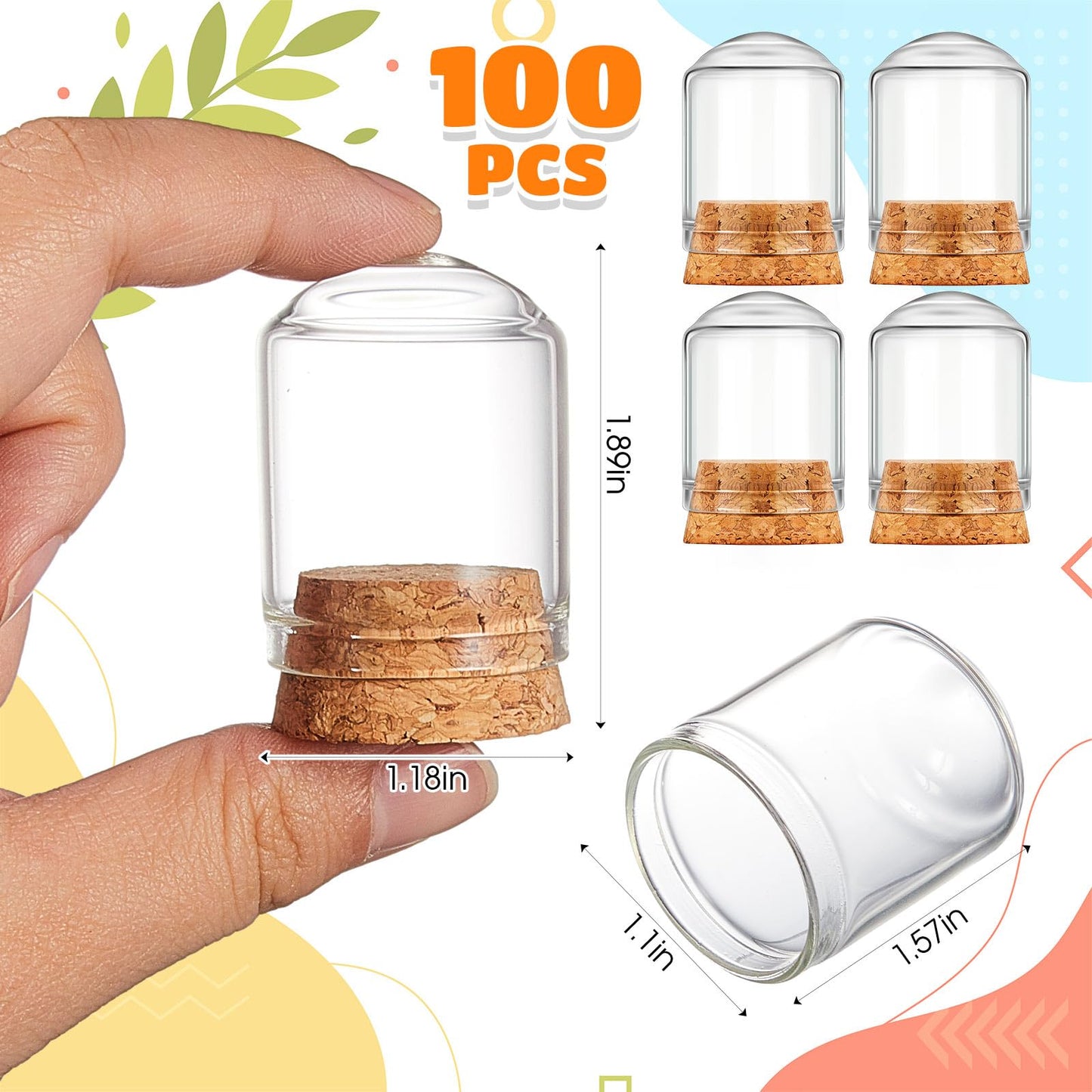 Barydat 100 Pcs Mini Cloche Glass Dome with Cork, Cloche Bell Jar Mini Glass Bottles with Base, Decorative Jars Display Case for Specimen Flower Storage Crafts Arts Party Favor Decor (15 ml)