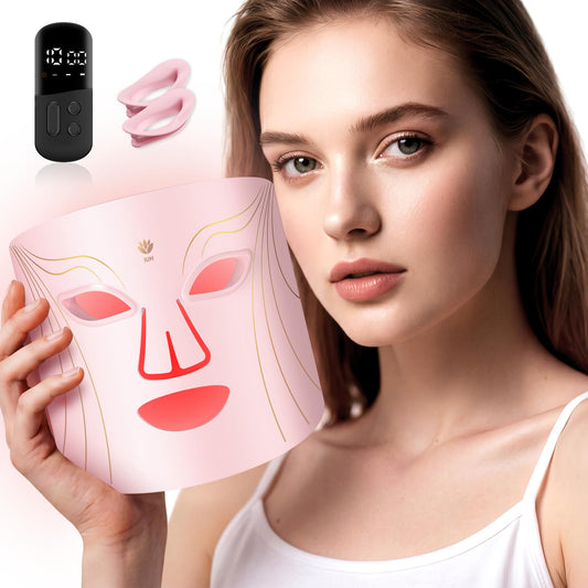 IUH Red Light Therapy for Face, 4 Modes Face Mask Light Therapy with 400 Beads, 850nm Infrared & Red Light Mask, 2000mAh Rechargeable Light Therapy Skin Care at Home&Travel Pink