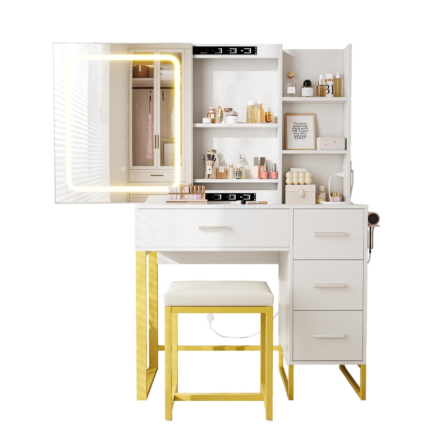 GarveeHome 57-Inch Makeup Vanity Set with Lighted LED Mirror & Charging Station – 3 Lighting Modes, 4 Drawers & Shelves, Includes Cushioned Stool, White