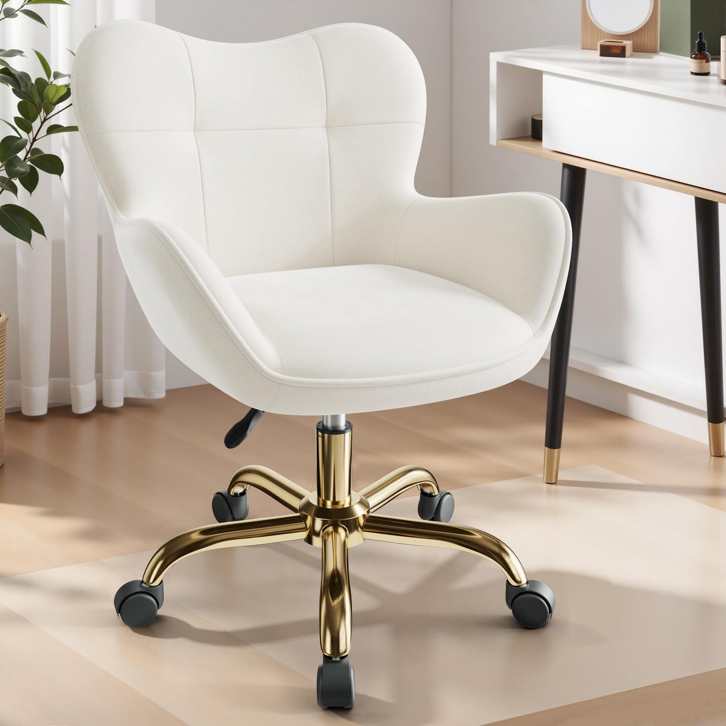 BestEra Vanity Chair with Wheels, Cute Home Office Desk Chairs Adjustable Height for Living Bedroom, Small Modern Fluffy Velvet Makeup Chair with Back for Girls (White)