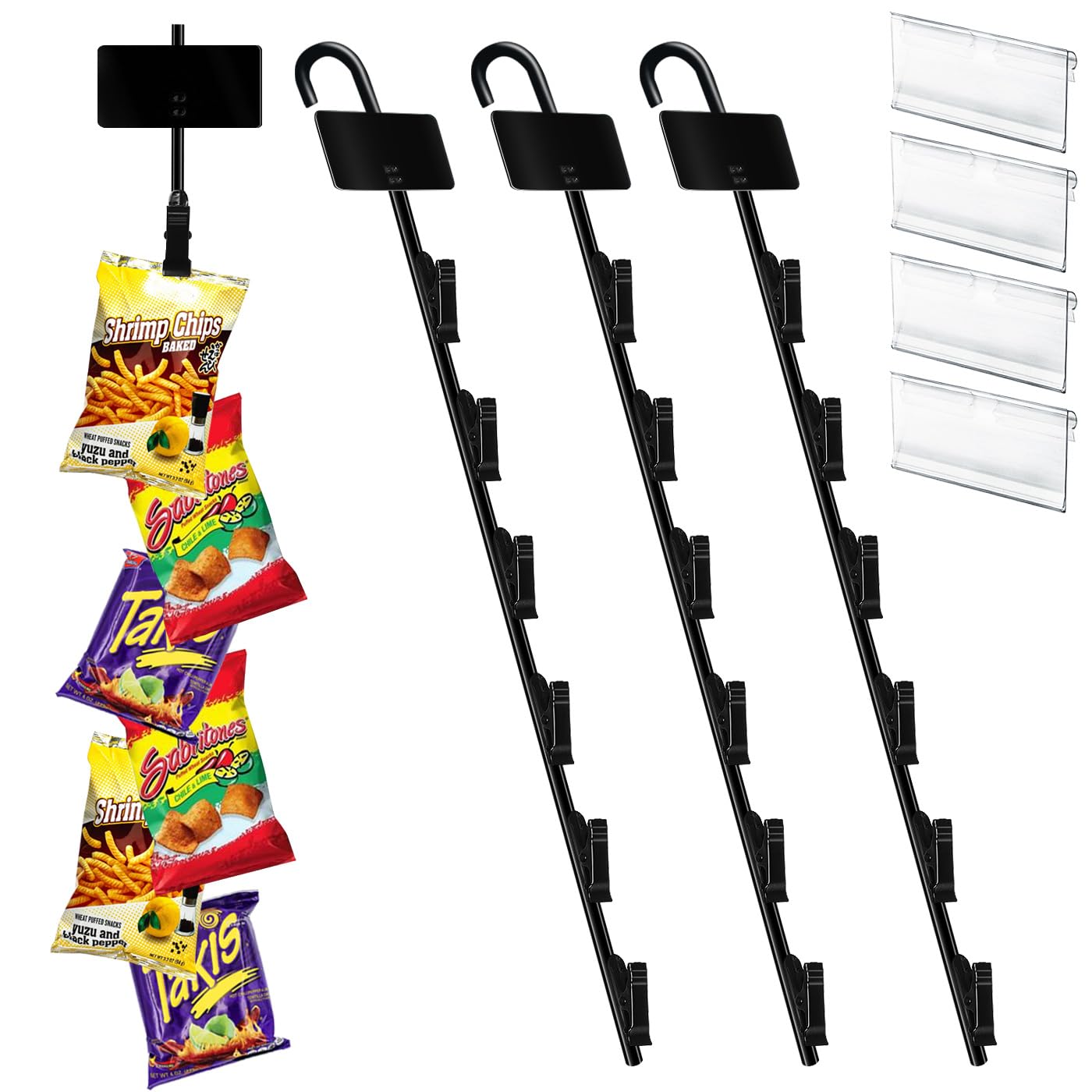 Chip Hanger Strips Hooks Display Hanging 16.5" with 6 Chip Greeting Card Party Merchandise Vendors Potato Bag Holder Snack Candy Portable Retail Organizer Storage Metal with Label Header 4 Pack