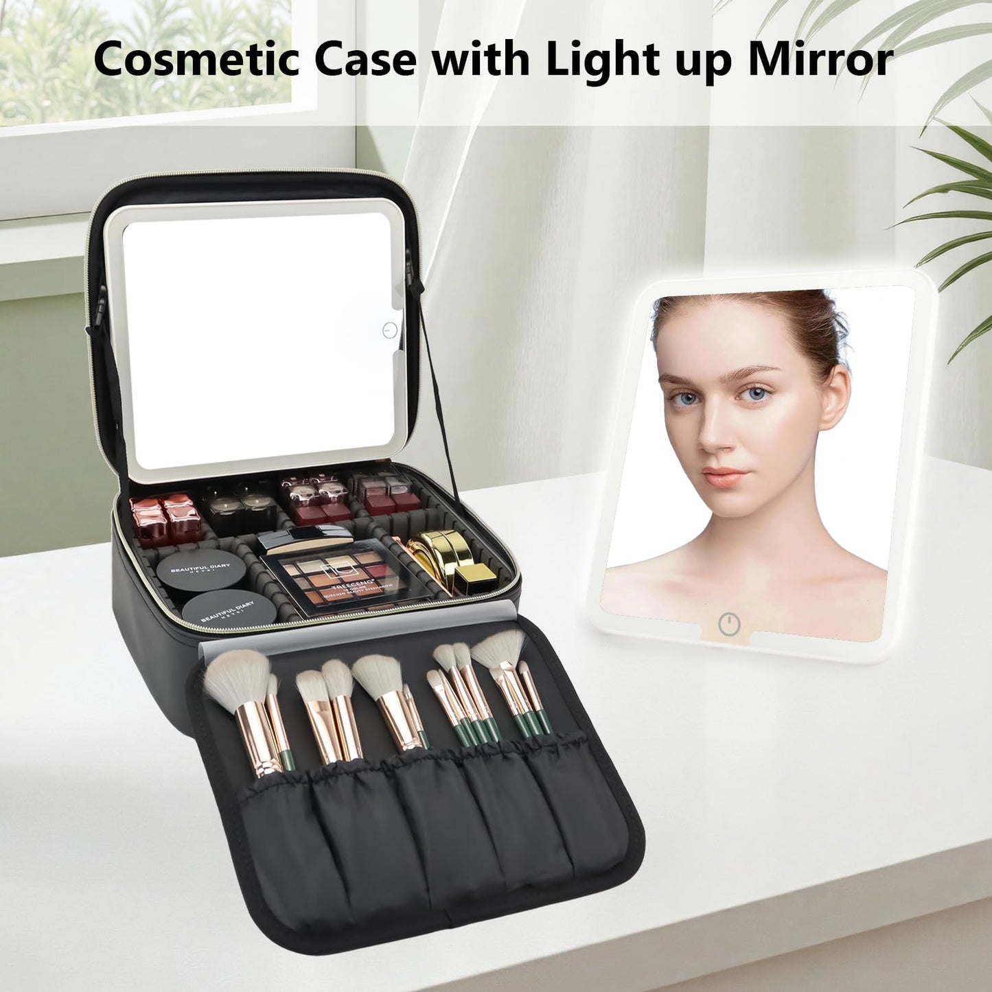 SLUMAZI Travel Makeup Bag with LED Mirror Travel Makeup Organizer with 3 Lighted Settings, Adjustable Dividers and Makeup Brush Storage Bag Black
