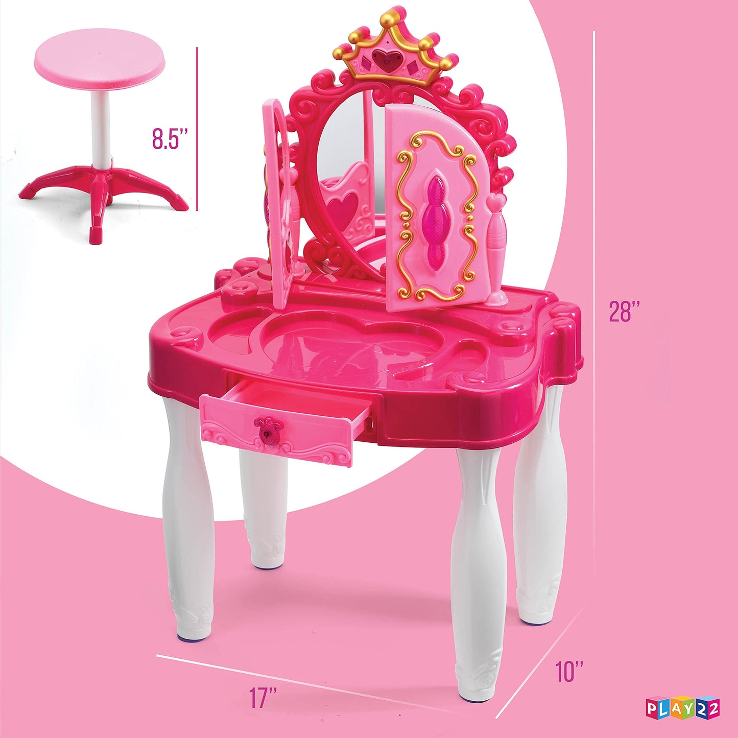 Play22 Pretend Play Girls Vanity Set with Mirror and Stool 21 PCS - Kids Makeup Vanity Table Set with Lights and Sounds - Includes Fashion Hair & Makeup Accessories