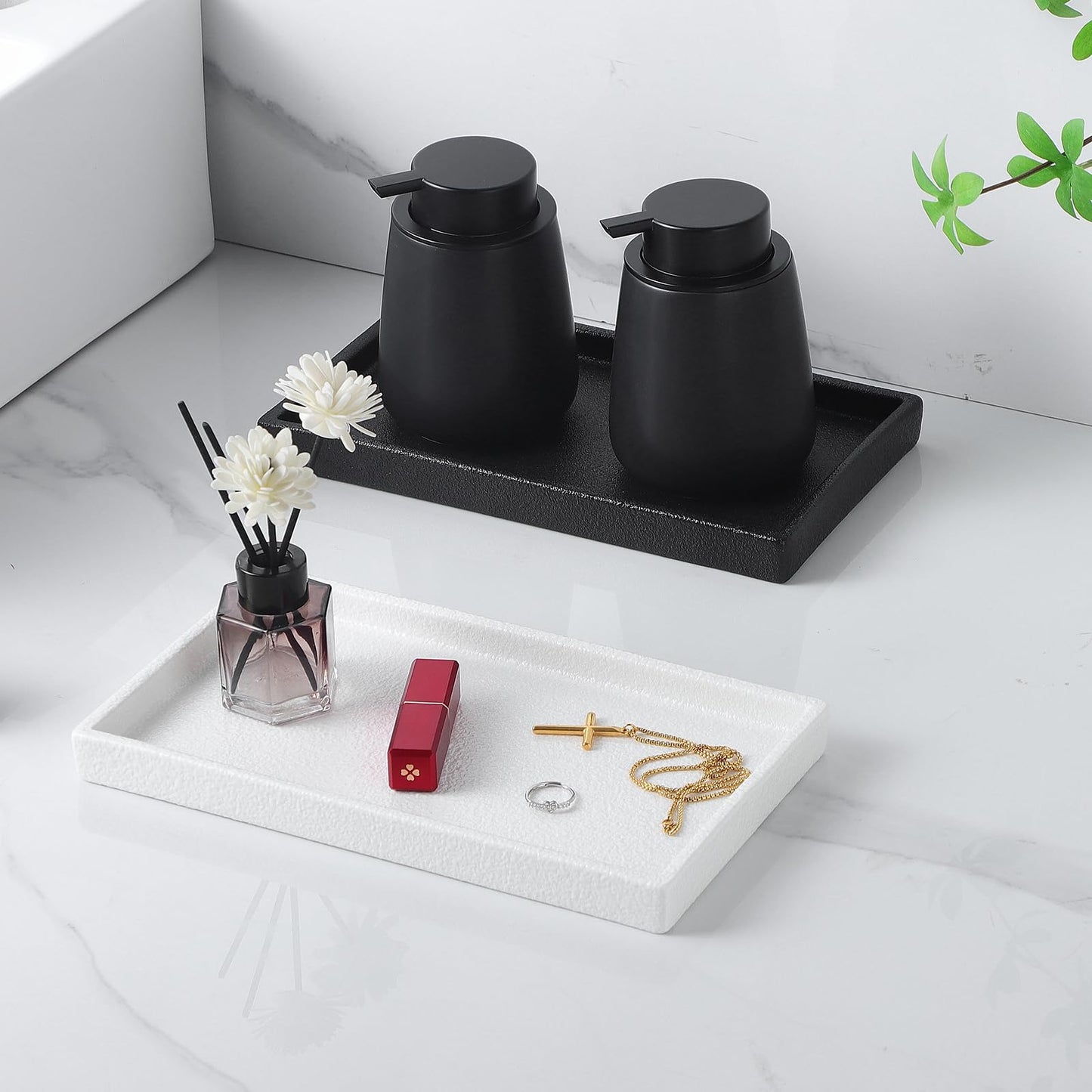 Eyrozia Bathroom Vanity Tray - 11'' Ceramic Rough-Textured Rectangle Countertop Tray, Heavy-Duty Perfume Organizer Plate, Jewelry Ring Tray, Kitchen Soap Dispenser Stone Trays, White