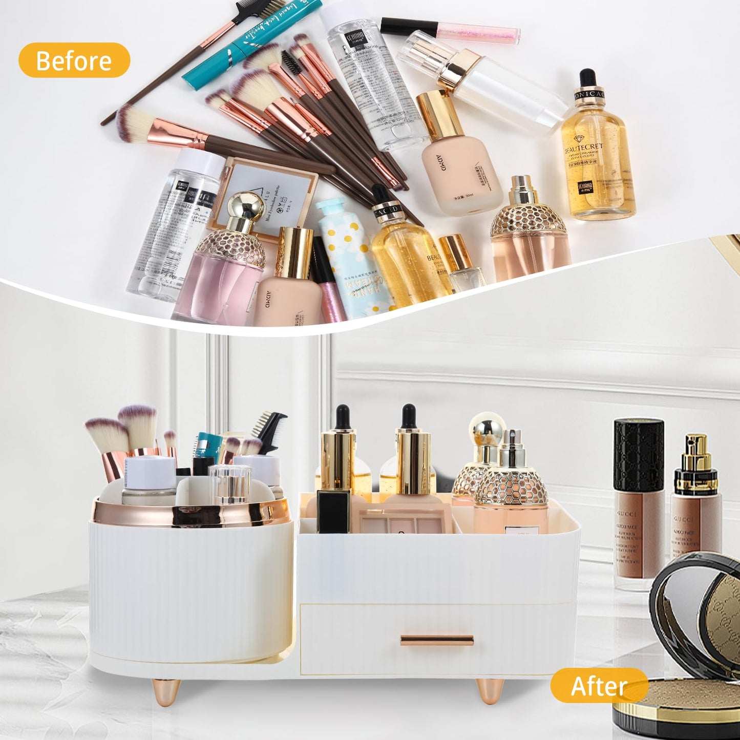 Zufudo Makeup Organizer Countertop with Drawer 360 Rotating Brush Holder Storage Large Capacity Skincare Cosmetic Display Cases for Vanity Bathroom Desktop, Model 3016 White