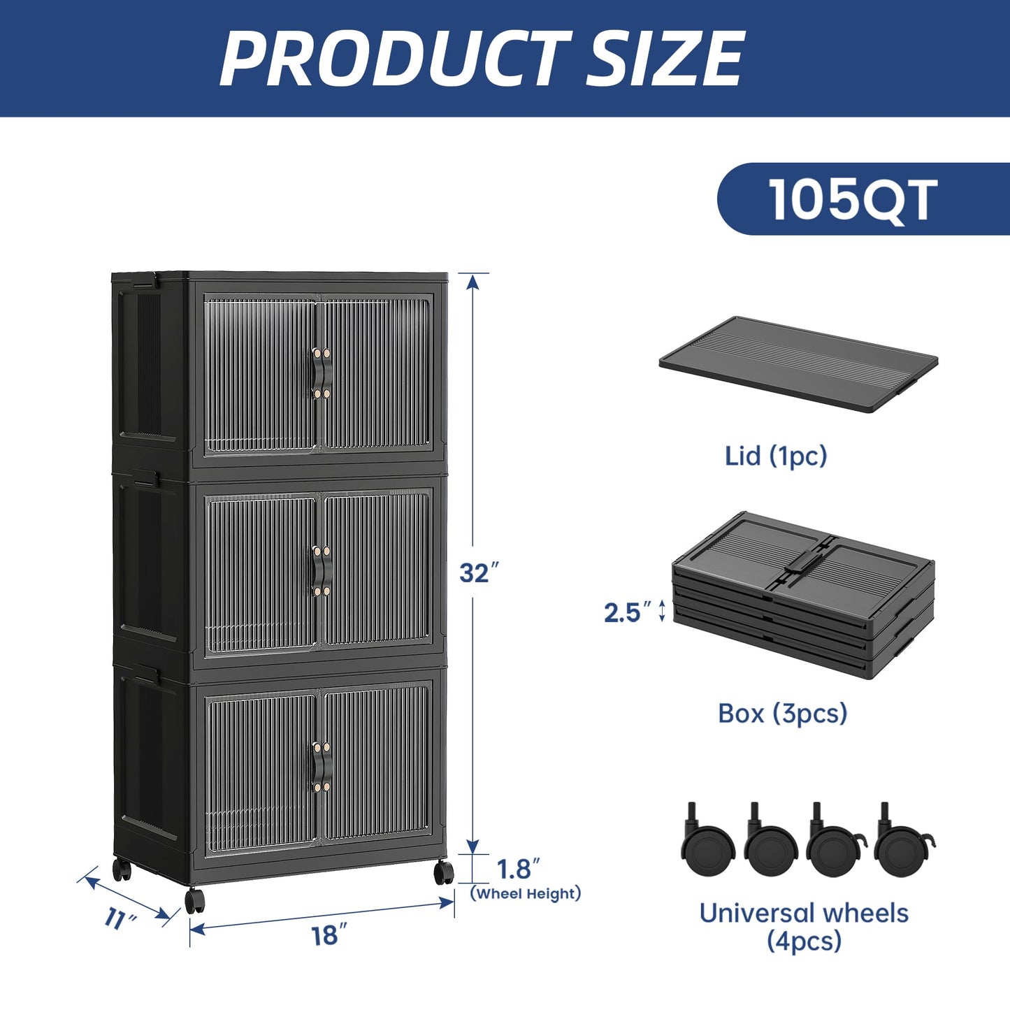 SAILUN 26Gal/105Qt Stackable Storage Bins Folding Collapsible Storage Bins with Lid, Closet Organizers and Storage Box with Door Black 18" W x 11" D x 32" H