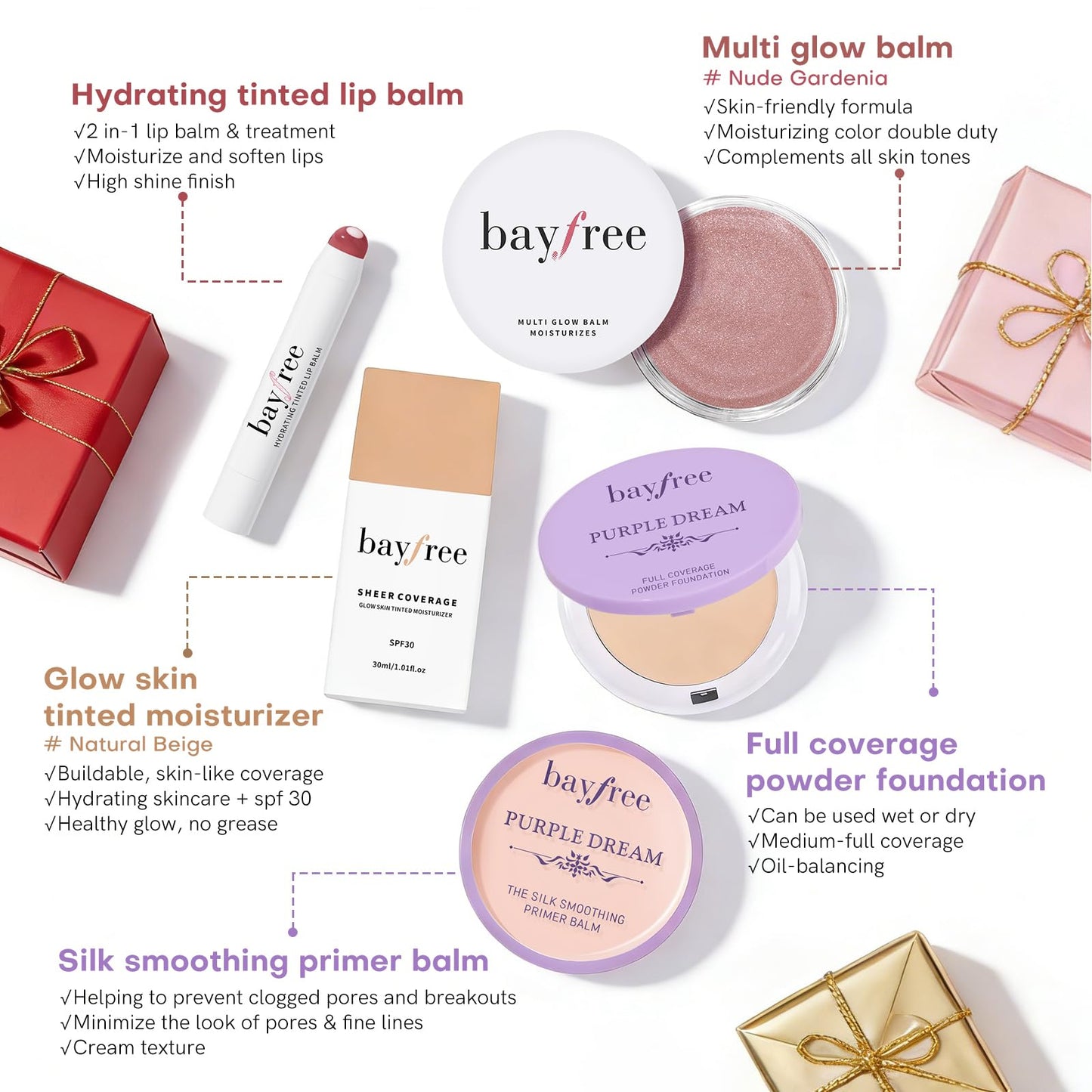 bayfree Original Kit Gifts Set for Women, Korean Makeup Set for Women & Beginners, Travel Make Up Kit Tinted Moisturizer Primer Lipstick Powder Multi Glow Balm with Makeup Bag, Vegan, Natural Finish