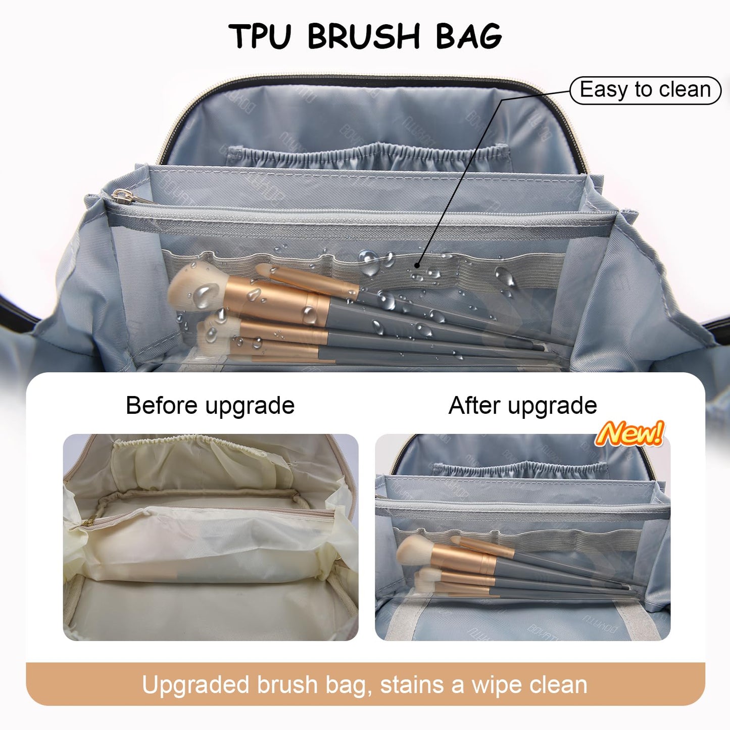 BOYATU Travel Makeup Bag Organizer Cosmetic Bag: 3 Pcs Set Make up Bags for Women with Handle - Waterproof Vegan Leather Toiletry Bag (01-G-Apricot)