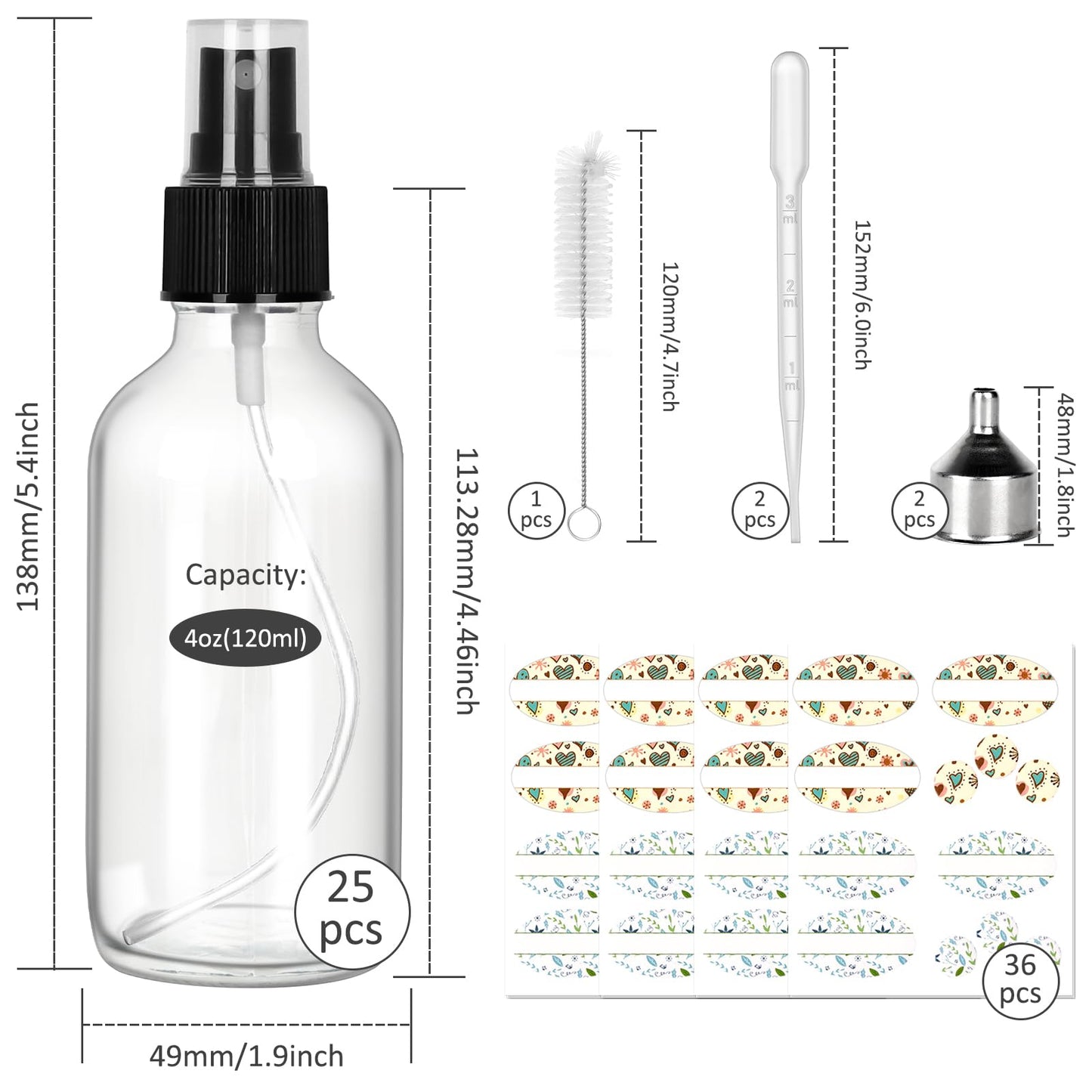 CycleMore 25 Pack 4oz Clear Glass Spray Bottles with Fine Mist Sprayers, Glass Travel Bottles for Cosmetic Essential Oils Cleaning Solutions Perfumes & More Liquids (1 Brush, 2 Funnels and 36 Labels)