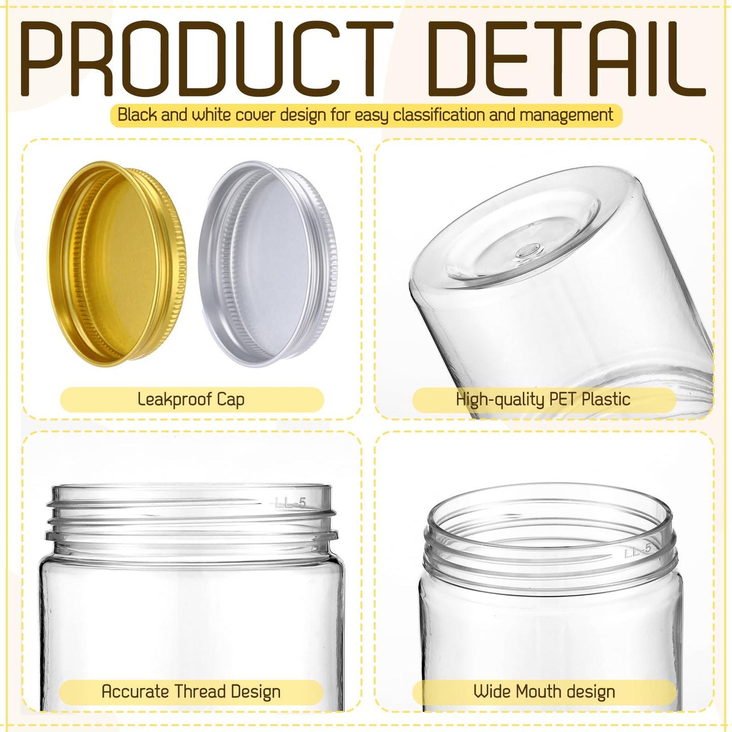 Meanplan 100 Pcs 4 oz Plastic Jars with Lid Mini Mason Jars with Lids Clear Round Cosmetic Container for Travel Storage, Lotion, Cream, Kitchen Use, DIY Crafts(Gold, Silver, Aluminum)