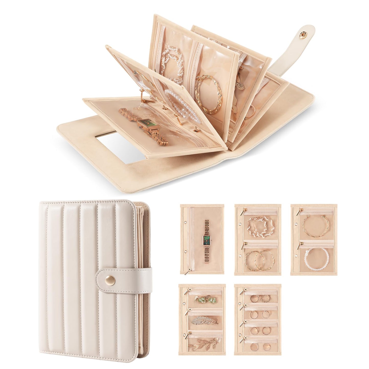 Lolalet Travel Jewelry Organizer Case, Portable Jewelry Storage Book Portfolio Binder with Zipper Velvet Pouch for Women -Beige