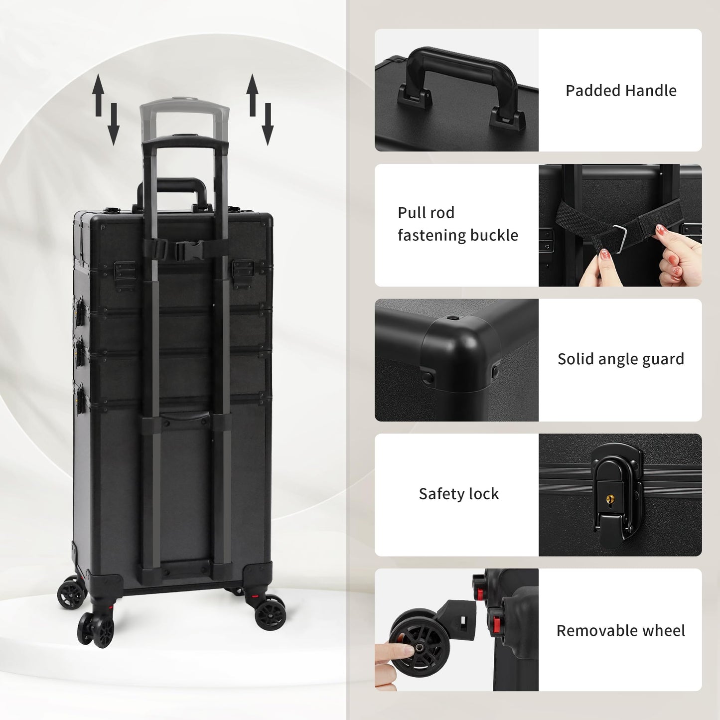 JINGUAN Profesional Rolling Makeup Train Case with Lid, 5 in 1 Cosmetology Case on Wheels, Large Cosmetic Trolley Organizer Travel for Hairstylist Artist Nail Beauty Salon Barber, Black