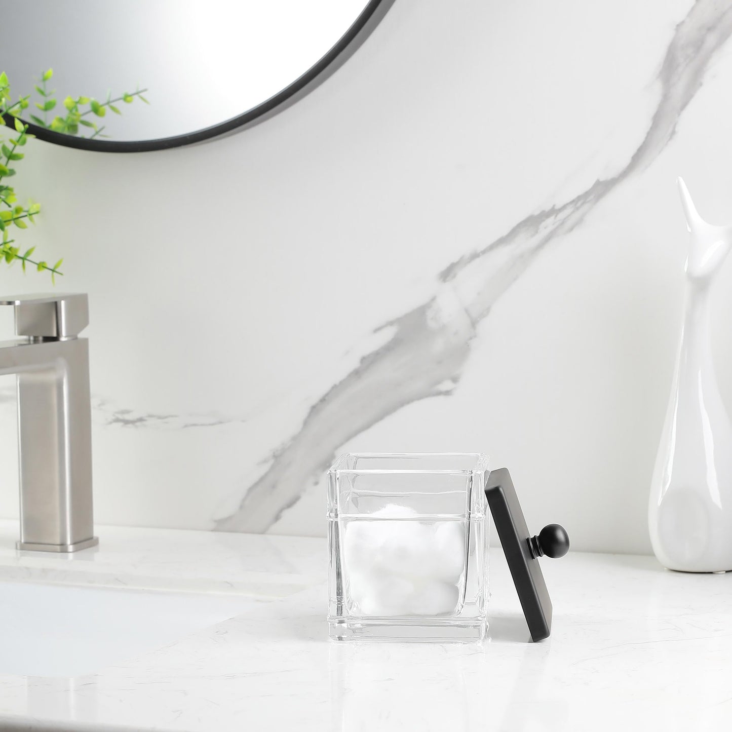 Indecor Home Clear Transparent Hotel Style Apothecary Tempered Glass Canister Jar W/ Matte Black Metal Lid Cover, Classic Countertop Organizer for Cotton balls/pads, Floss Picks, Makeup Storage