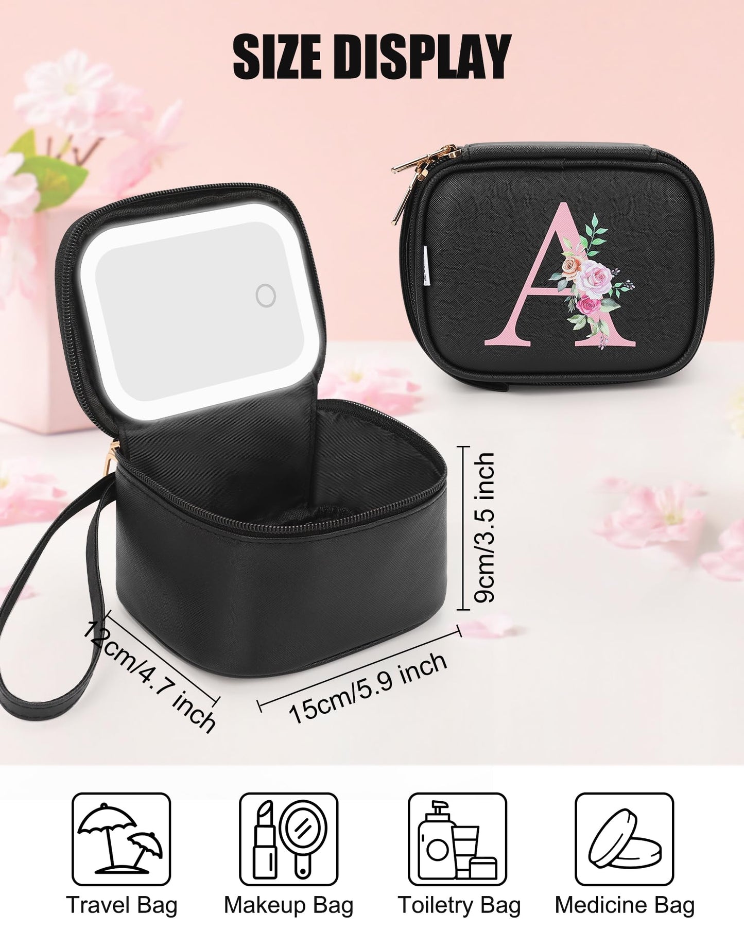 Relavel Mini Makeup Bag with LED Mirror, Portable Make Up Bag for Women with 3 Light Modes, Rechargeable Makeup Pouch for Girls, Personalized Birthday Gifts for Party Travel - Black A