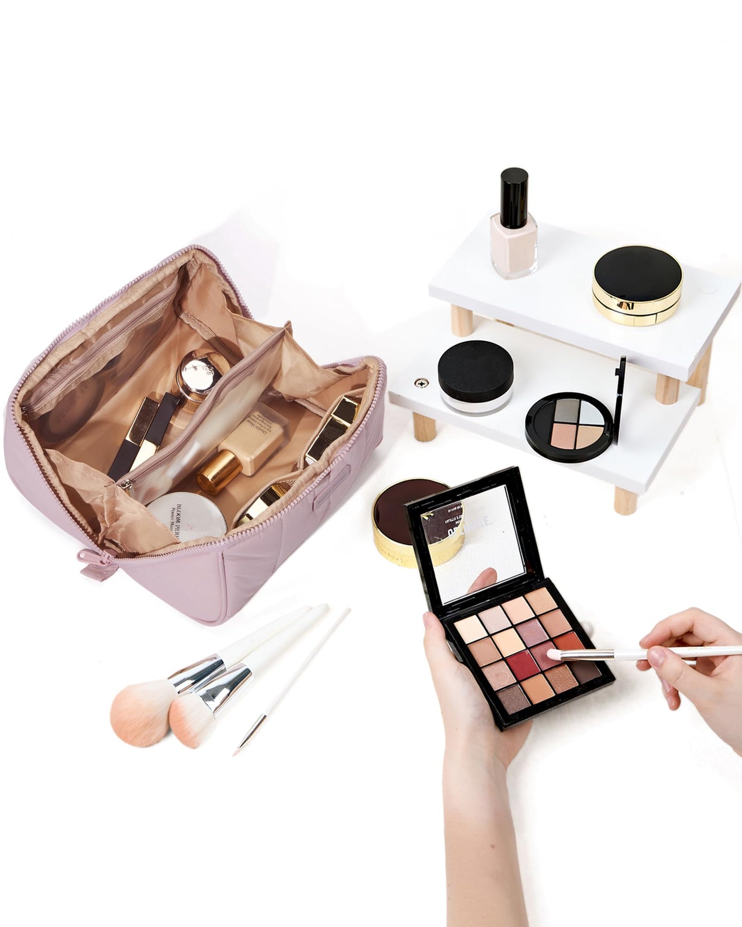 NISHEL Travel Makeup Bag for Women, Fluffy & Lightweight Open Flat Cosmetic Organizer with Multiple Functional Divider for Brush Independent Storage, Handle for Easy Portability, Peach-Pink