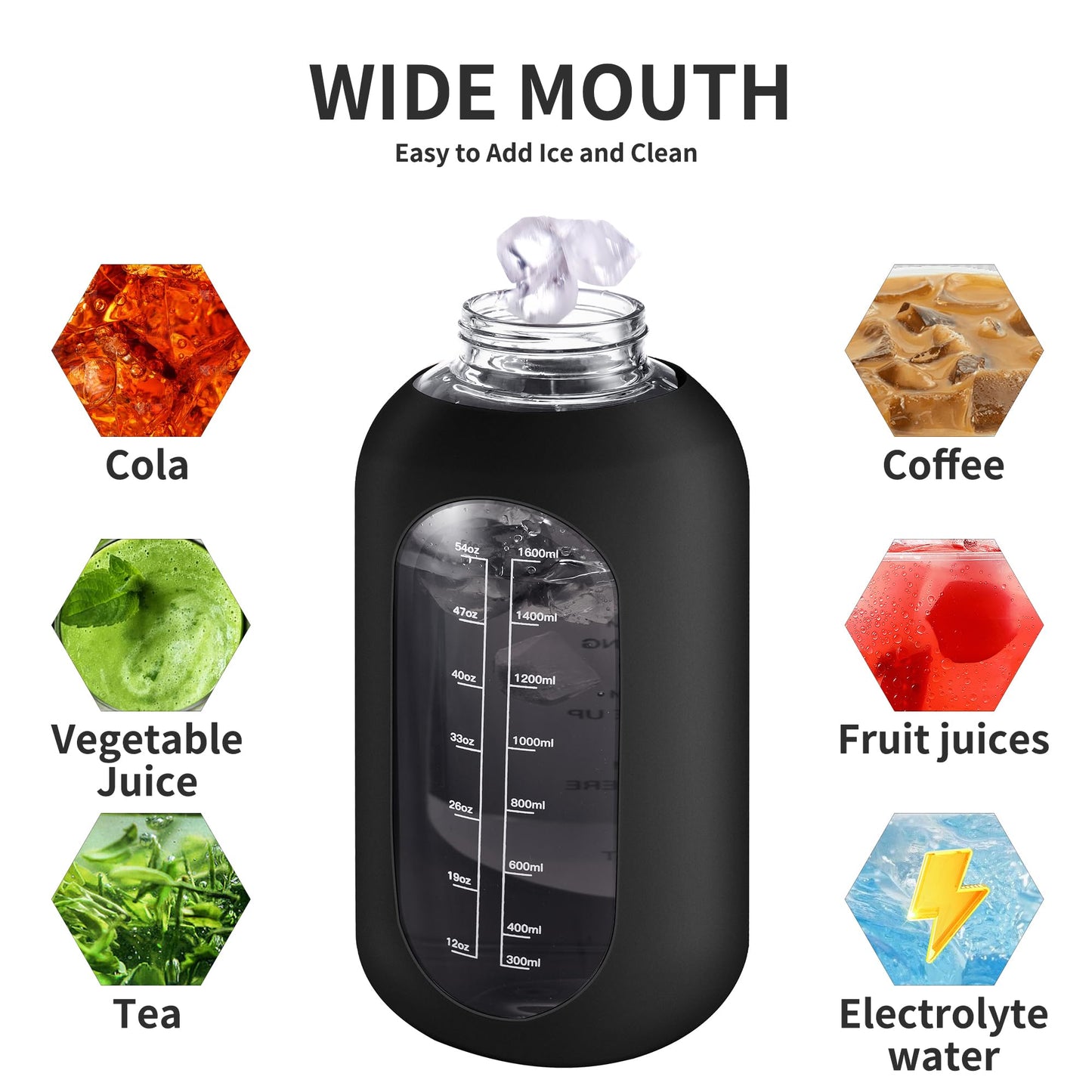 CIVAGO 32 oz Glass Water Bottle with Straw and Handle, Large Sports Motivational Water Bottle Flask with Time Marker and 2 Lids, Leakproof Water Jug Canteen with Silicone Sleeve for Gym, Black