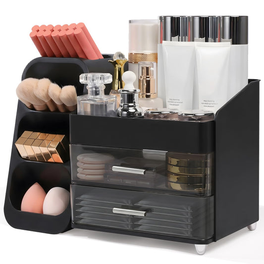 Brothersbox Makeup Organizer with Brush Holder for Vanity, Large Countertop Skincare Storage with 2 Drawers, Holds Lipsticks, Nail Polishes, Perfumes, Brushes - Gift for Women, Black