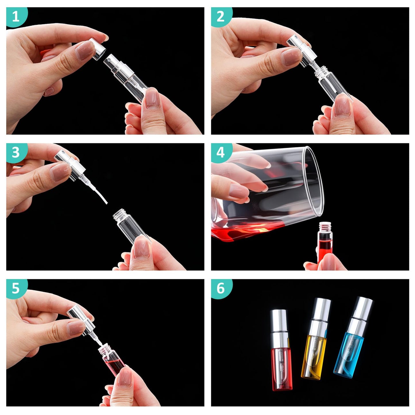 Zhehao 50 Pcs Mini Spray Bottles 3 ml Clear Glass Perfume Bottles Refillable Fine Mist Perfume Atomizer Portable Empty Sample Containers for Cleaning, Essential Oils, Travel (Silver Cap)