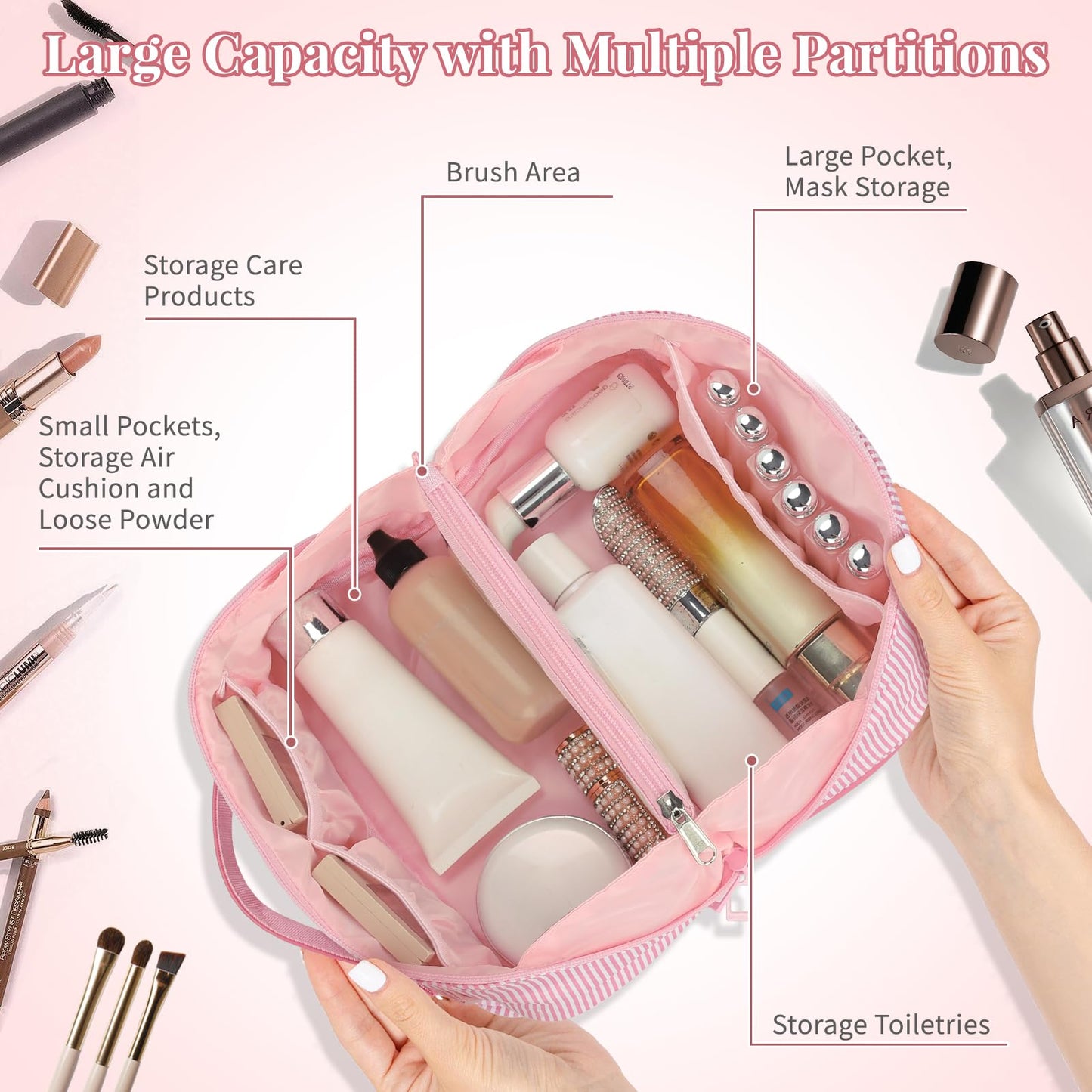 Initial Makeup Bag, Personalized Cosmetic Bag, 2Pcs Large Capacity Make Up Bag for Women, Open Flat Make up Cosmetic Organizer with Handle,Portable Make Up Organizer Pouch for Women - C