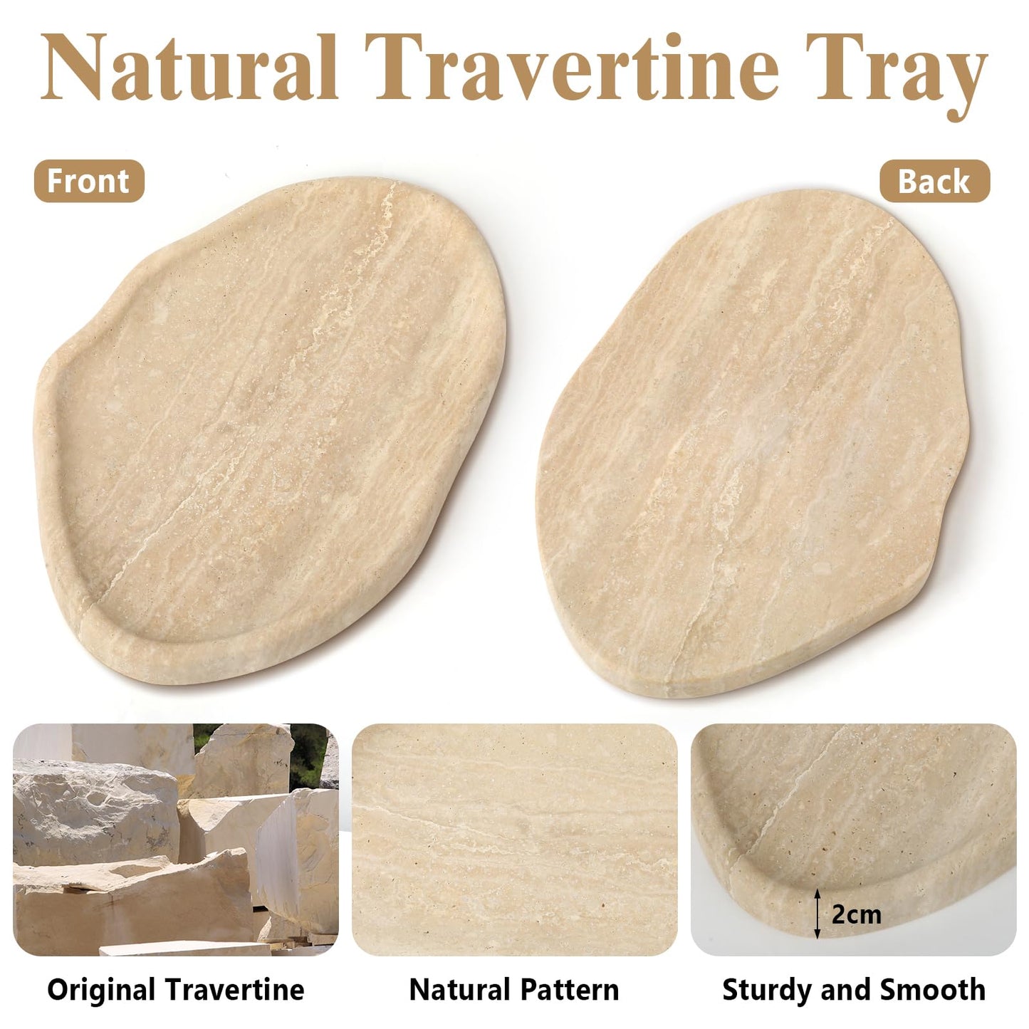 Moujings Natural Travertine Vanity Tray - Decorative Stone Marble Tray for Bathroom Countertop, Elegant Organizer for Home Decor, Jewelry, Candle, Makeup, Kitchen and Dresser Decor