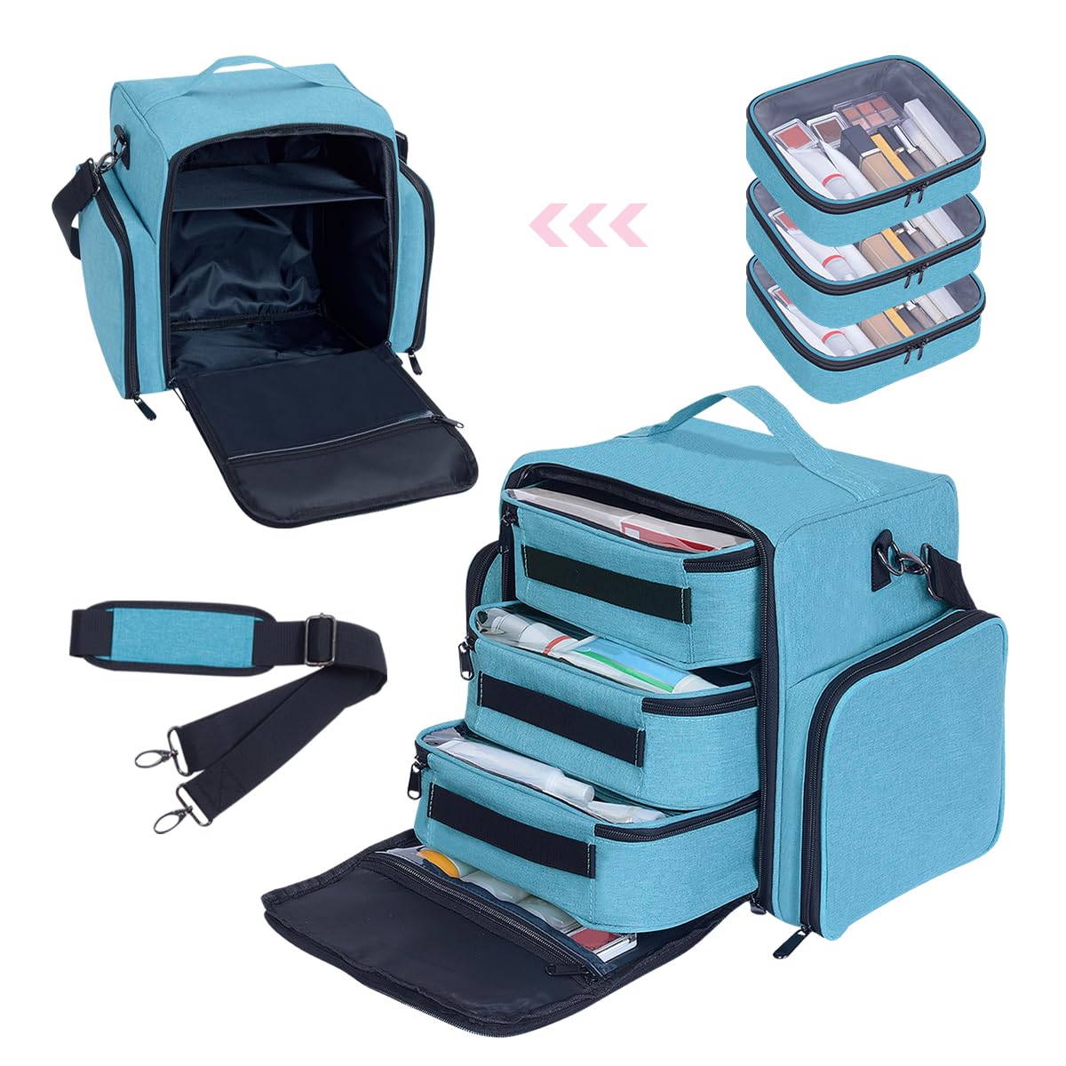 BODMZUANHO Large Makeup Bag Organizer with 3 Inner Removable Pouches,Green