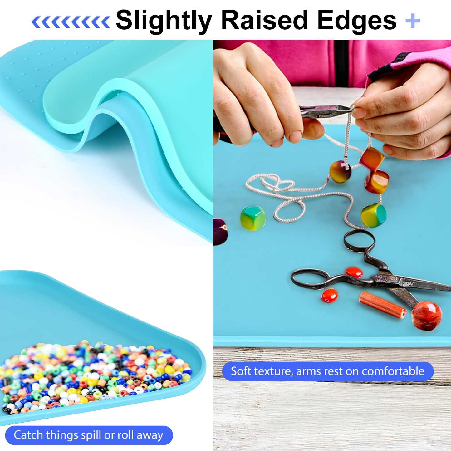 2 Pack Silicone Art Mats for Kids, 24 & 17 Inch Large Silicone Mat with Raised Lip, Rollable Washable Craft Mats for Playdough, Painting, Puzzles, Lego, Bead, Resin, Blue Mint