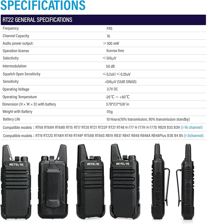 Retevis RT22 Walkie Talkies for Adults, Two Way Radios Long Range Rechargeable, VOX Handsfree, Mini Compact Walkie Talkie with USB Charger, for School Church Restaurant (6 Pack)