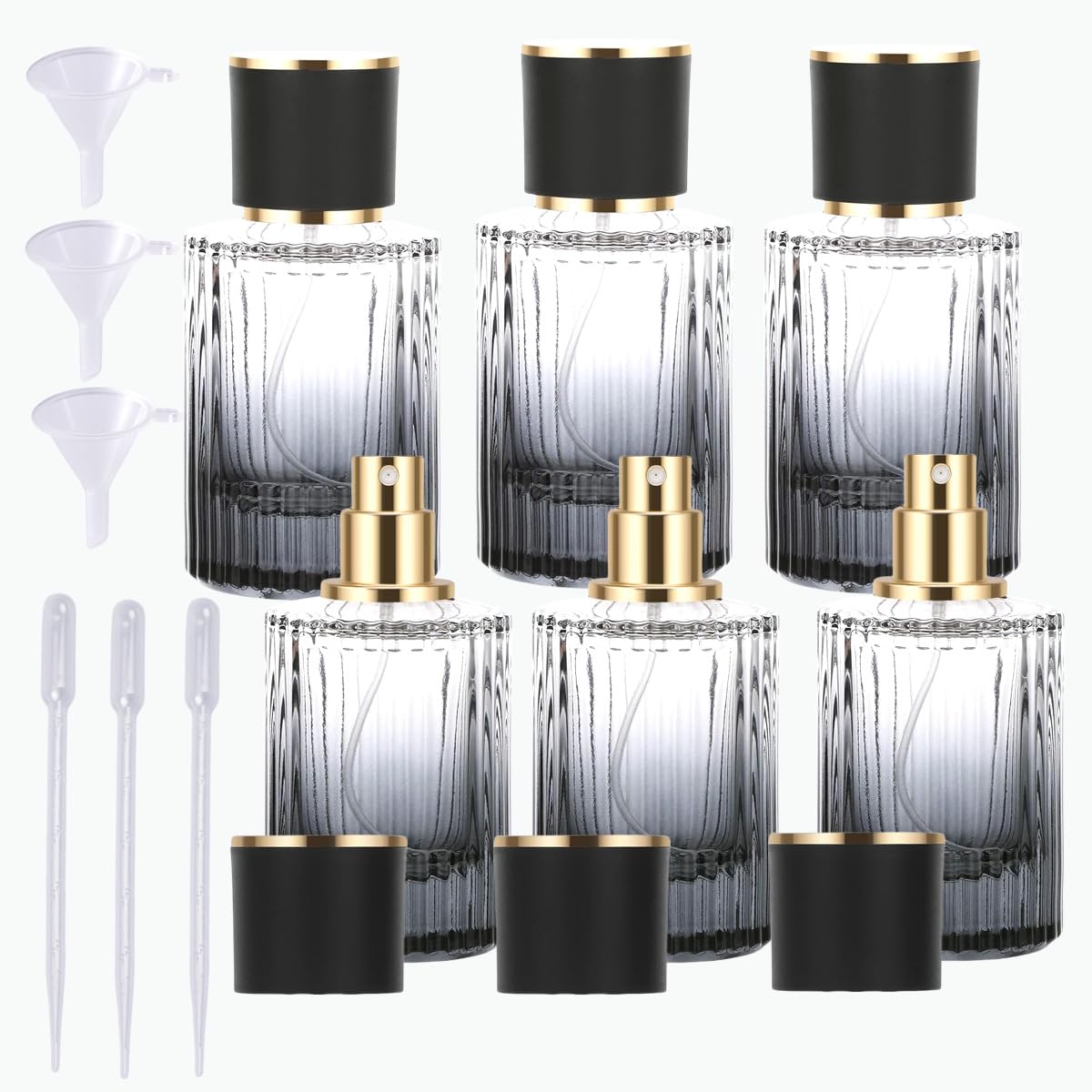 Rowcay 6 Pcs Travel Perfume Bottles Set,30ml Gradient Color Refillable Portable Glass Atomizers with Funnel and Dropper, Fine Mist Spray for Women Men Dispenser Fragrance Container Set (Black)