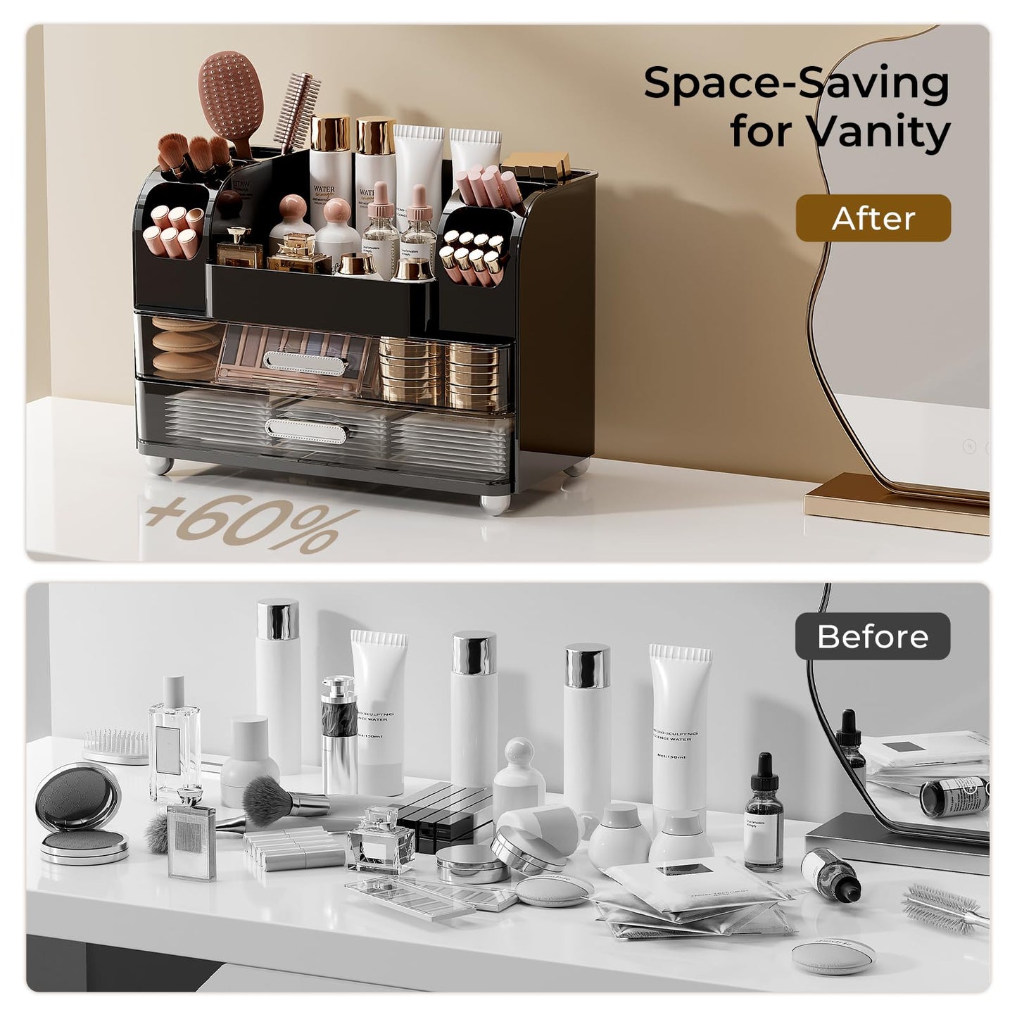 UFORU Makeup Organizer for Vanity with 2 Large Drawers, Cosmetic Display Case with Brush Holders, Easy to Storage for Bathroom Countertop Skincare, Perfume, Black