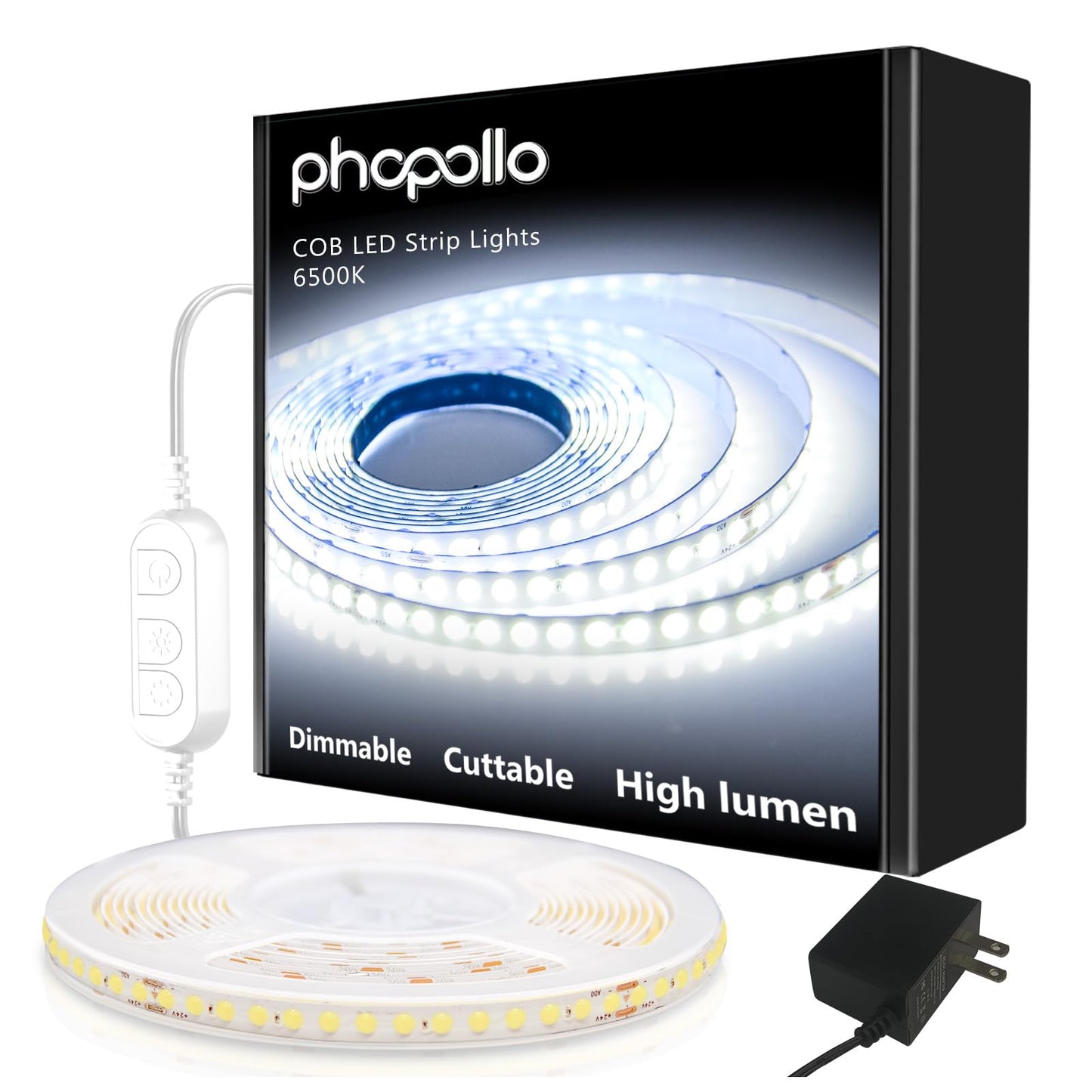 phopollo White LED Strip Lights, 18ft Dimmable 6500k Daylight White Led Light Strip, 840 LEDs Flexible Led Lights for Bedroom, Mirror, Kitchen Decoration