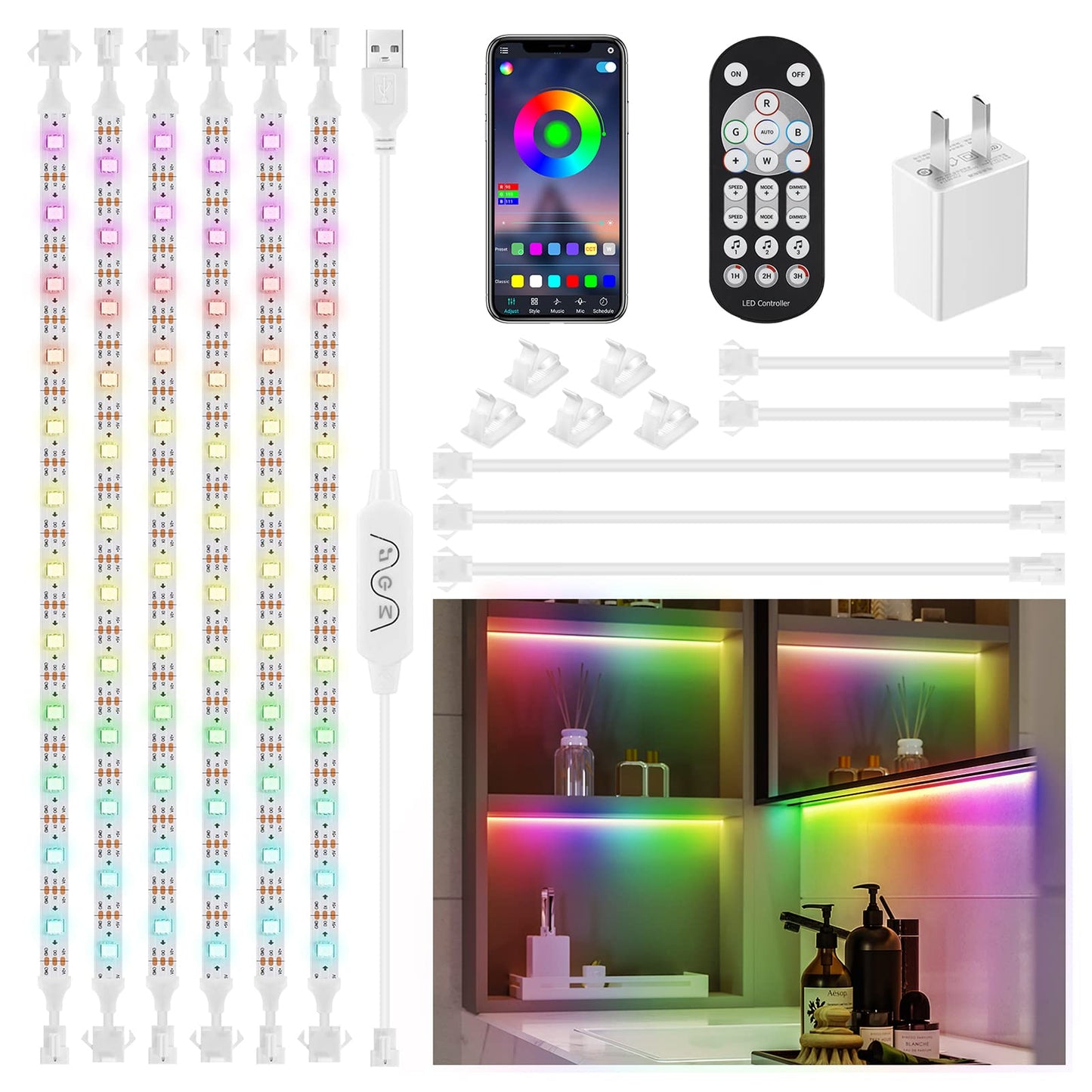 6Pcs Under Cabinet Lights Kit,Music Sync Color Changing LED Lights with RF Remote and APP,Dimmable Flexible Cabinet Lights,5V USB Under Cabinet LED Lighting for Counter Shelf Bookcase TV Back-6x1.64ft