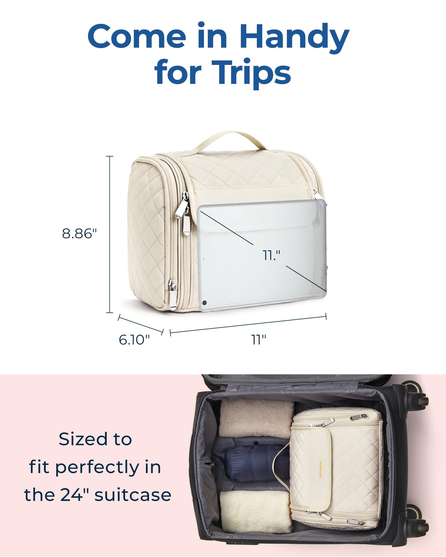 BAGSMART Toiletry Bag Travel Makeup Bag with Hanging Hook, Cosmetic Bag Make Organizer Case, Large Capacity Water-resistant Organizer for Toiletries Accessories Brushes Sponge, Beige