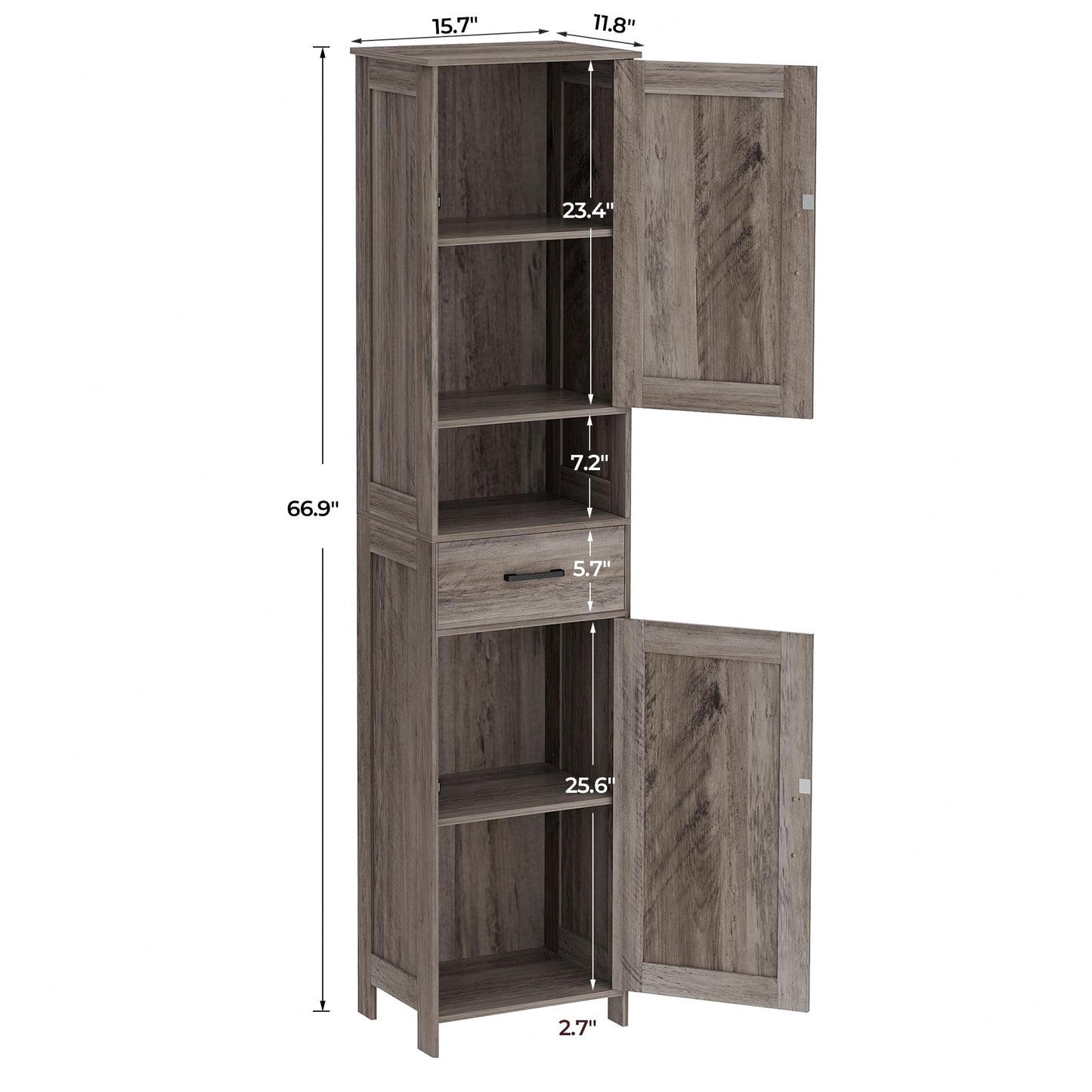 Homhedy 67" H Tall Bathroom Storage Cabinet with 2 Barn Doors and 1 Drawer, Narrow Storage Unit, Adjustable Shelves, Floor Cabinet for Bathroom, Living Room, Entryway, Kitchen, Greige, (15.7" W)